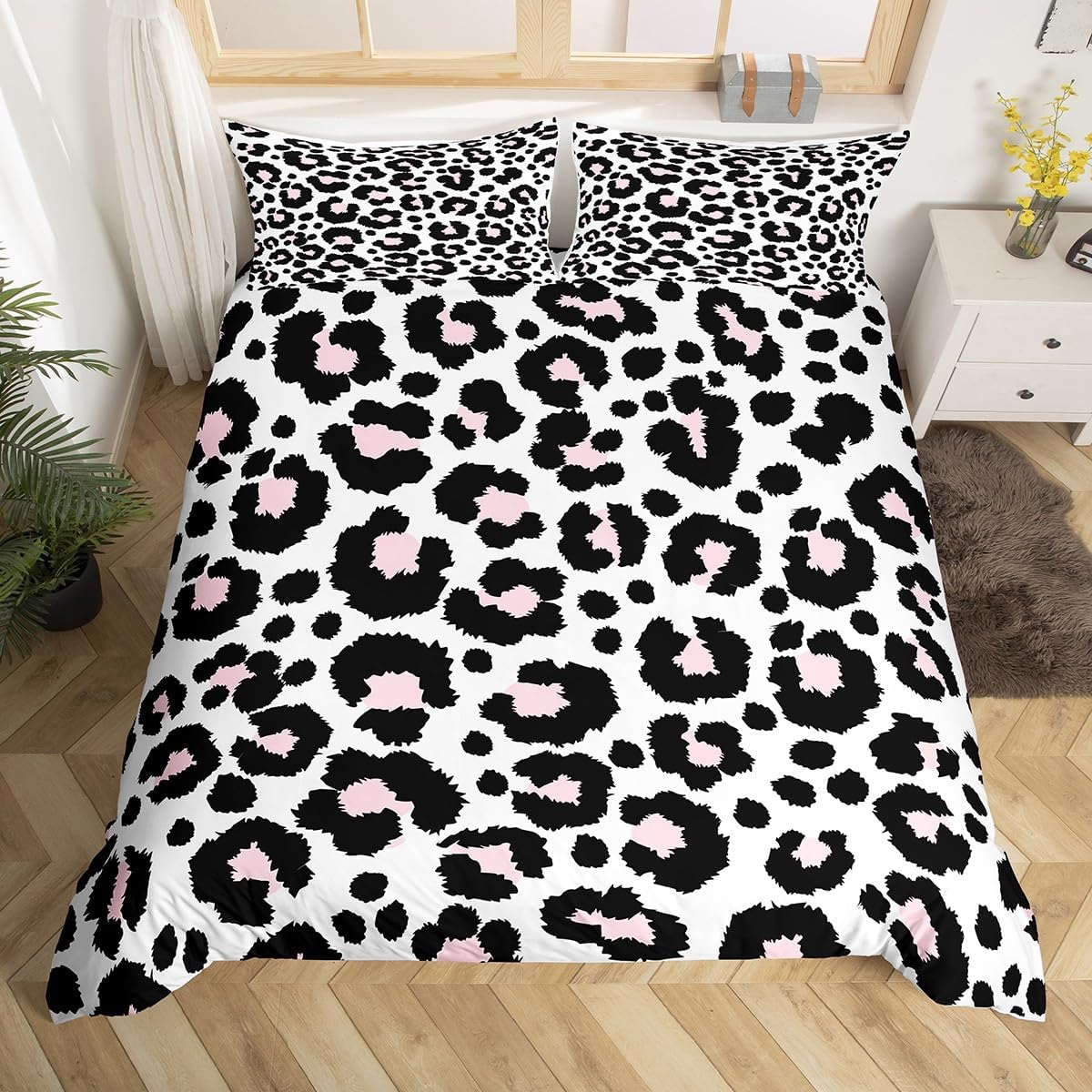 jejeloiu Leopard Print Bedding Set for Kids Boys Girls Cheetah Comforter Cover Safari Duvet Cover Toddler Size Bedroom Decor Pink Black 2Pcs,NO Comforter