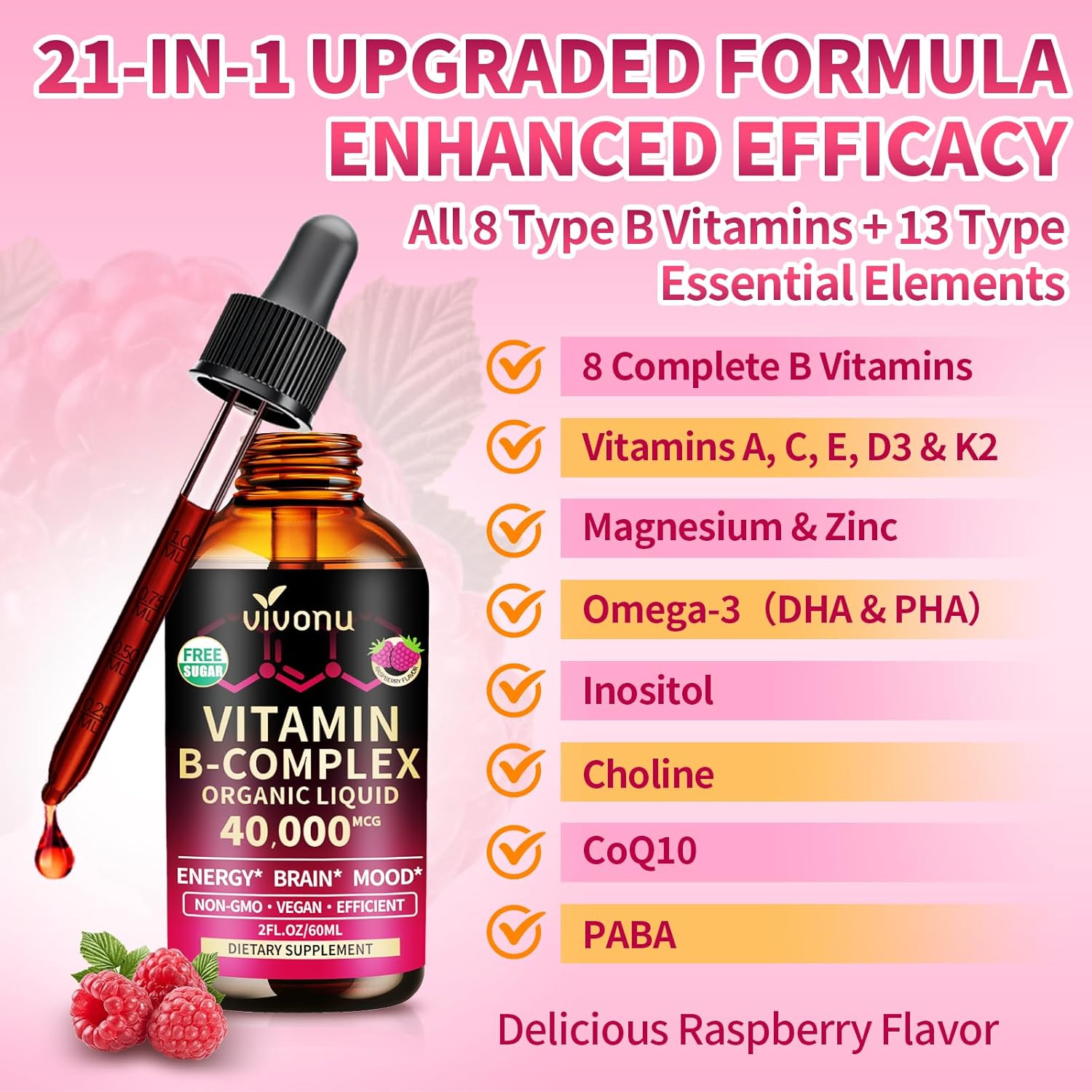 VivoNu Vitamin B Complex Liquid Drops, Methylated Vitamin B12 6000 mcg, B1, B6, B3, B5, B2, Folate, Biotin with Vitamin C D A E, Magnesium, Zinc, CoQ10 for Energy, Raspberry Flavor B Complex Vitamins - Image 4
