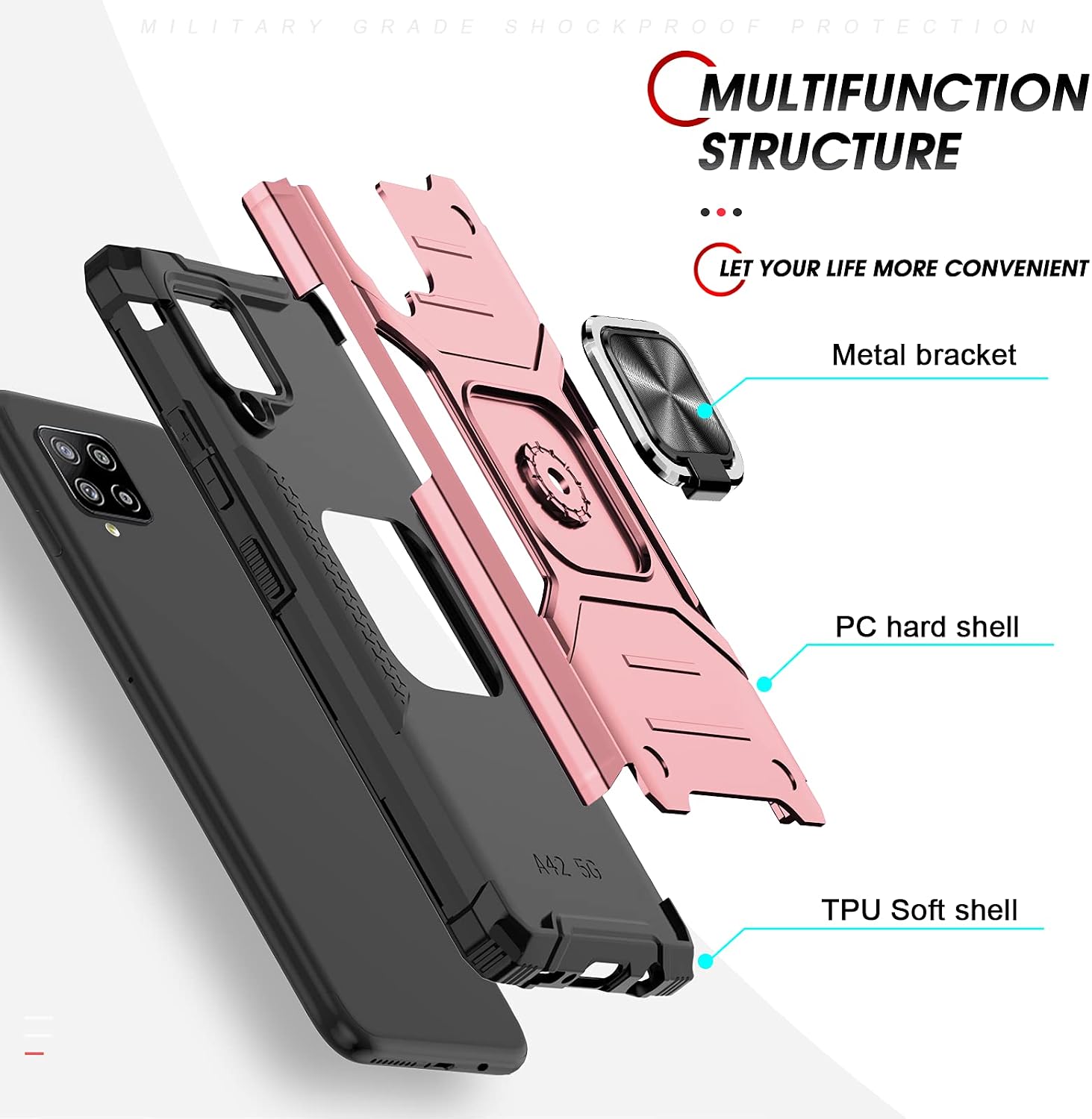 LeYi Compatible with Galaxy A42 5G Case, Samsung Galaxy A42 5G Case with Tempered Glass Screen Protector [2Pcs], Shockproof [Military-Grade] Phone Case with Ring Kickstand for Samsung A42, Rose Gold