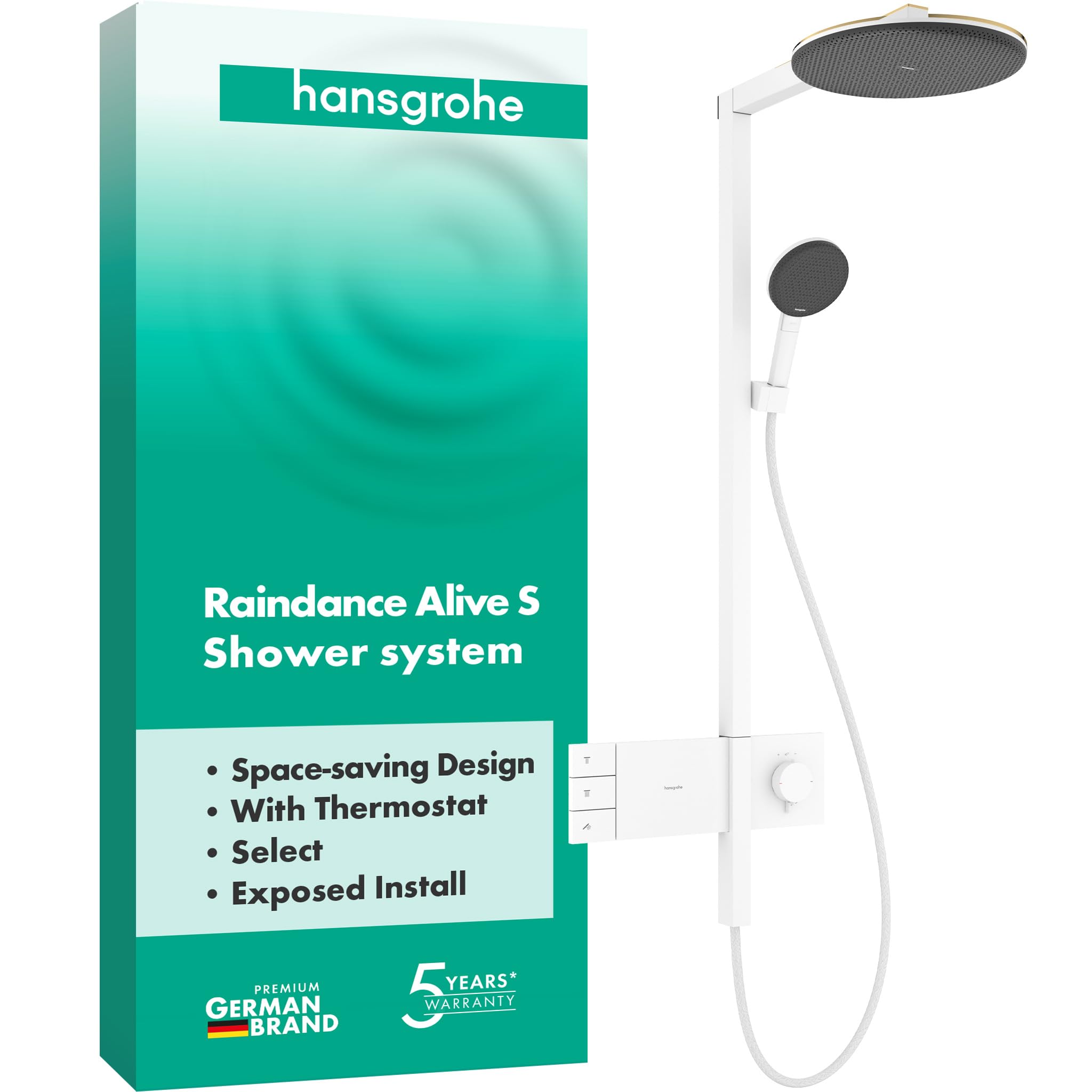 hansgrohe Raindance Alive S - sistema de ducha con termostato, ducha lluvia (300 mm) con grifo, ducha de mano, flexo, barra, ducha fija redonda (2 tipos de chorro), blanco mate, 24595700