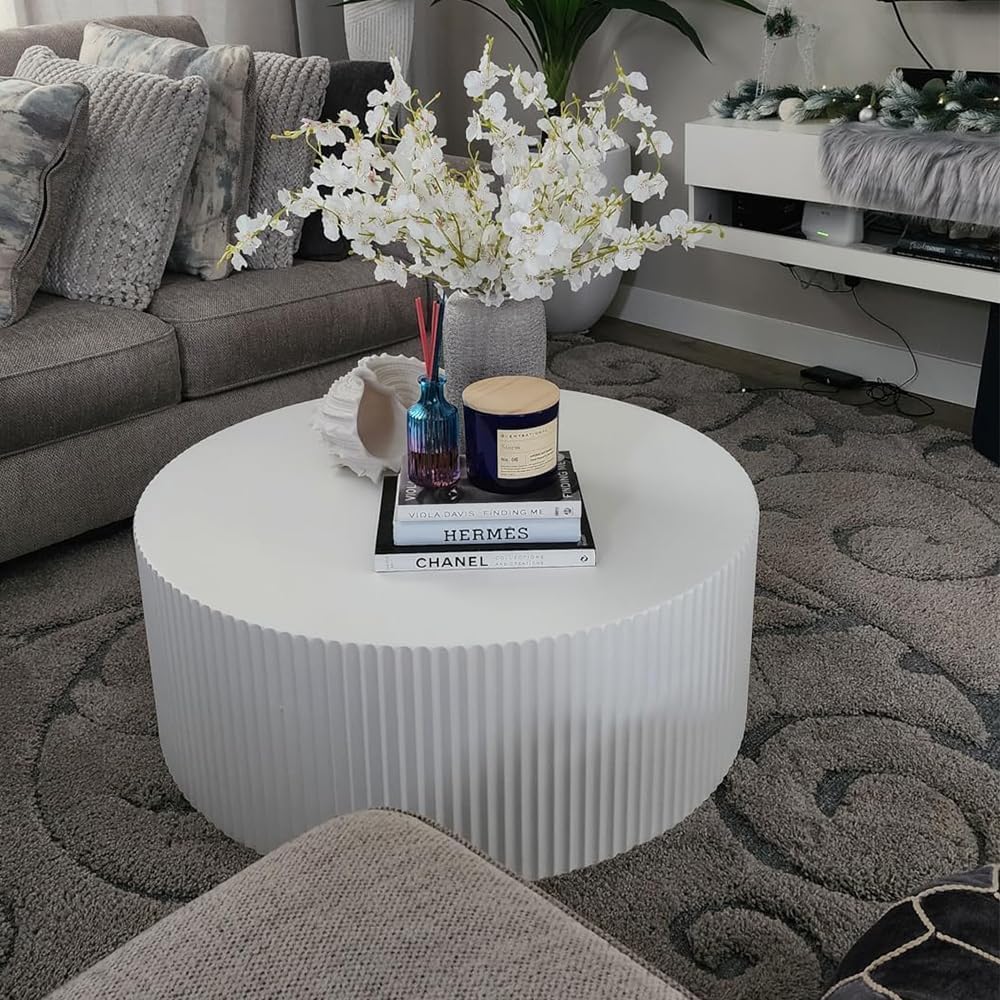 White Round Coffee Table, Modern Nesting Coffee Table End Table Set for Living Room, Wood Circle Drum Side Table, Matte White