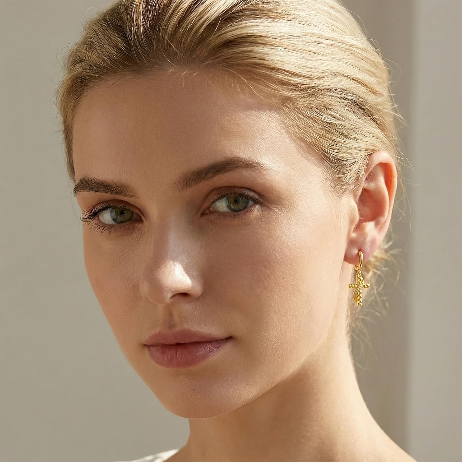 Gold Cross Earrings for Women Classic 14K Gold Hoop Huggie Earrings with Cubic Zirconia Faith Religious Jewelry Christian Gifts for Women Wife Girlfriend Her