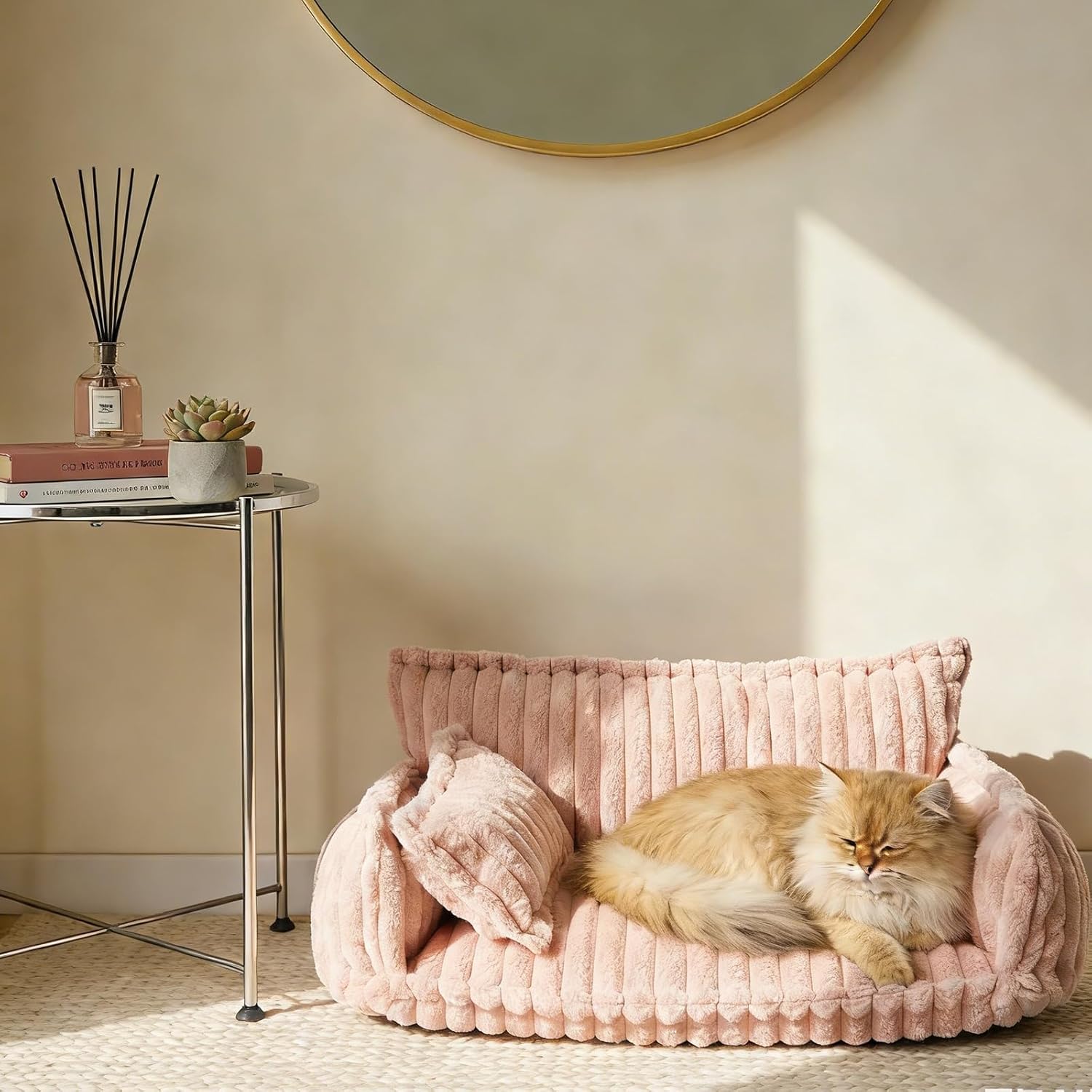 31.5in Large Dog Couch, Dog Beds for Medium Size Dogs, Cute Soft Fluffy Pet Sofa with Pillow and Removable Washable Cover, Calming Modern Style for Fuzzy Pets(Pink, 31.5 * 22.4 * 13inch)