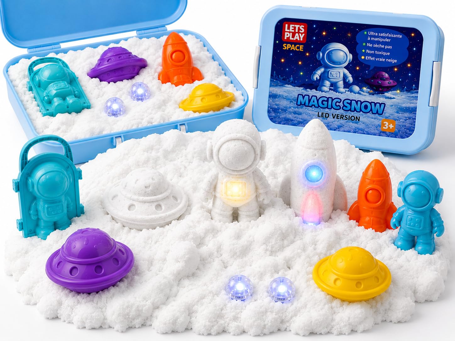 LetsPlay Neige à Modeler magique Enfant 3+ – Jeu Sensoriel et Éducatif – Activité Manuelle Créative – Développe la Motricité Fine – Texture Souple Effet Neige Réaliste – Kit LED Thème Espace