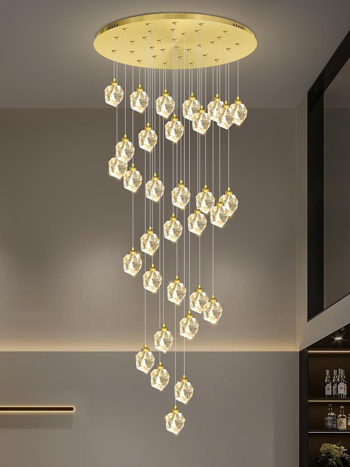 32 Light 120in Long Large Crystal Chandeliers Gold LED Crystal Chandeliers for High Ceiling Foyer Staircase Lobby Slopped Ceiling Dimmable 3000-6000K