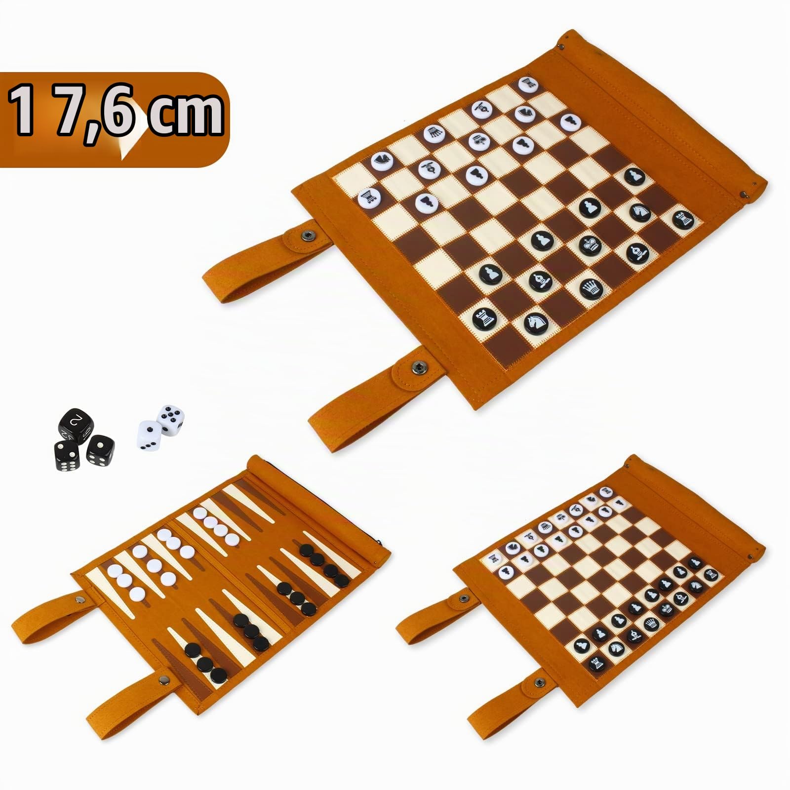 Andux Set da Scacchi da Viaggio Pieghevole PGSLQ-01 (3 in 1) | Tavola da scacchi rotolata, pezzi di plastica, per adulti e adolescenti, per il tempo libero dopo la scuola, per i club