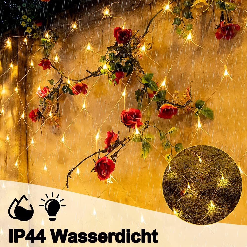 Rete di luci a energia solare, 250 LED, luce bianca calda, 3 x 2 m, 8 modalità con telecomando, tenda luminosa, per esterni e interni, decorazione per Halloween, Natale, matrimonio