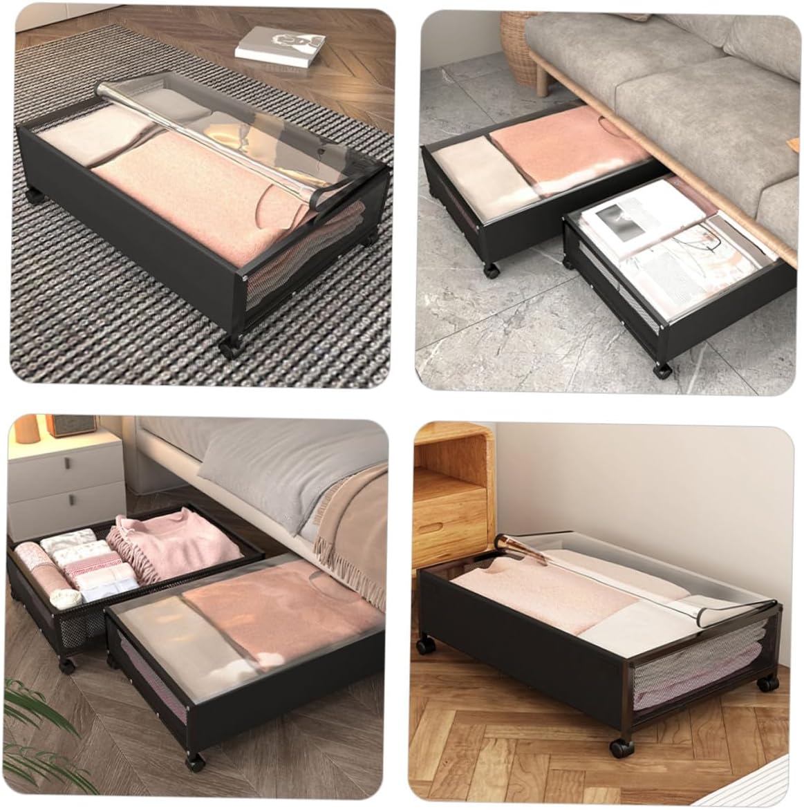 Under Bed Storage Container with Wheels Large Capacity Multifunctional Clothes and Organizer Box Dustproof Bedroom Storage Bin Black Transparent Lid