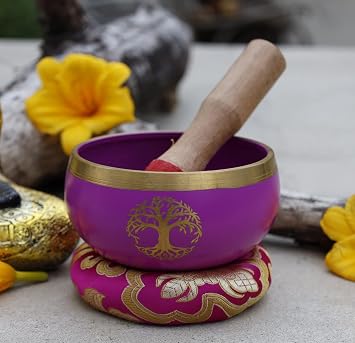 Tibetan Singing Bowl 8 Lucky Symbols Complete Set  For Meditation, Yoga, Spiritual Healing and Mindfulness  Medium Pink Black