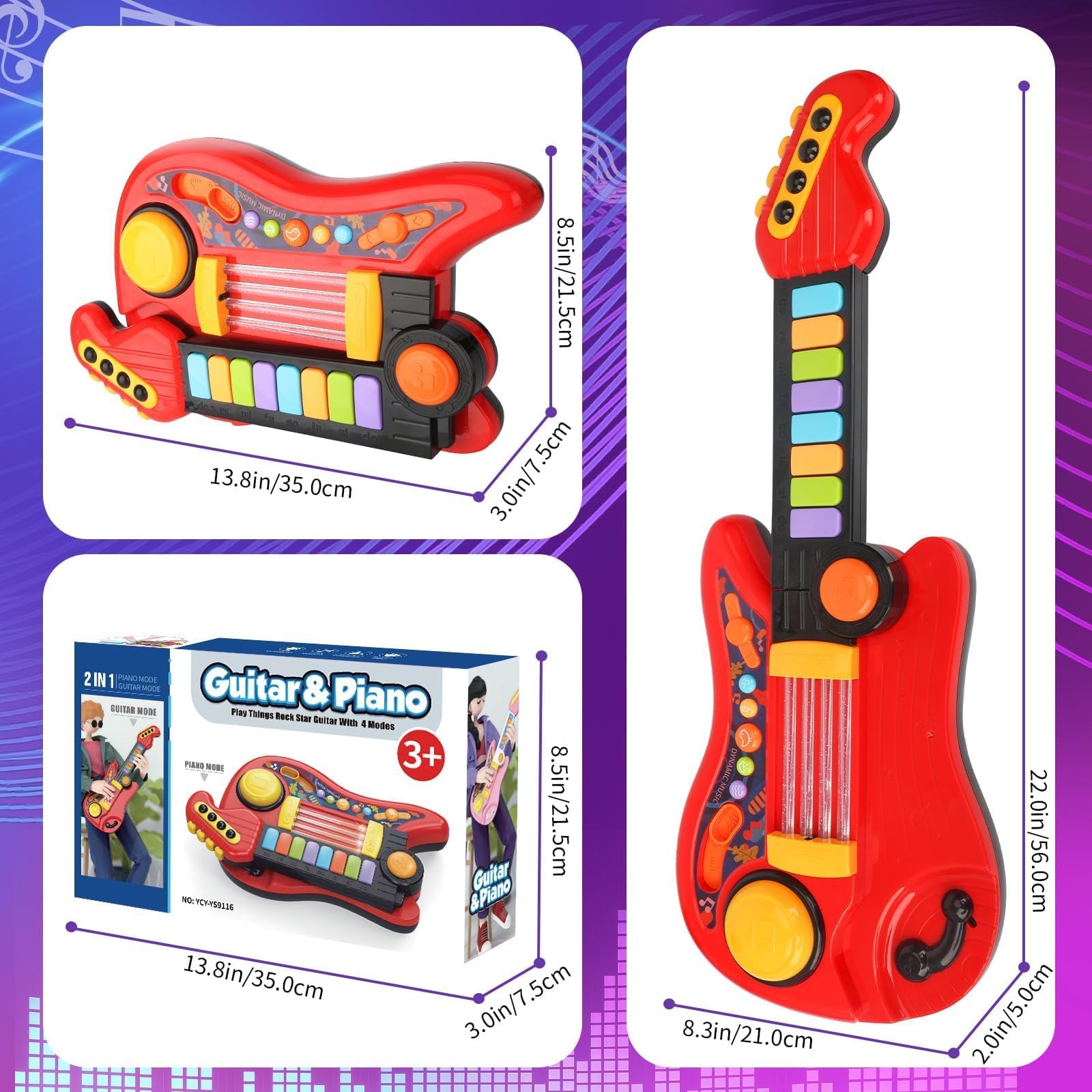 Chitarra Giocattolo per Bambini con Modalità Pianoforte 2-in-1 Strumento Musicale Elettrico Giocattoli Regalo per Ragazzi e Ragazze di 3 4 5 Anni (Rosso)