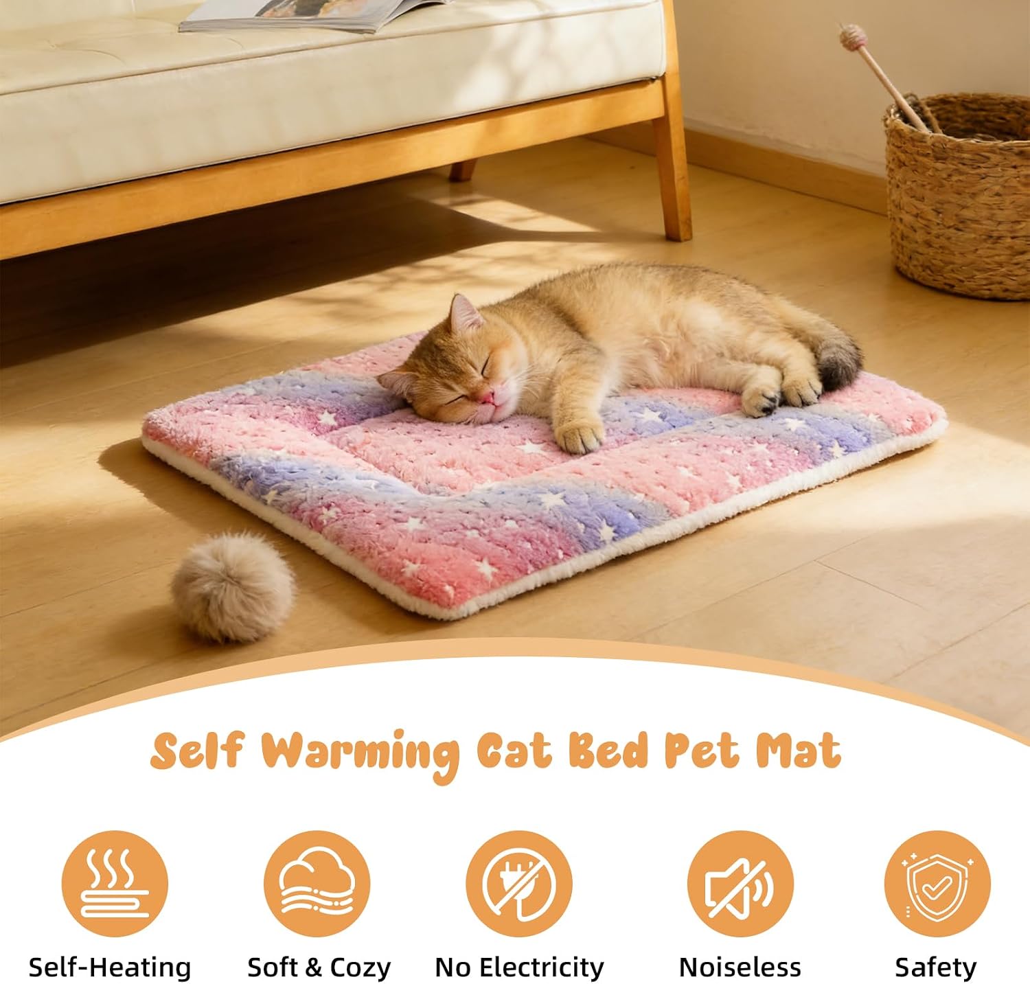 2-Pack Extra Large Self Warming Cat Bed Mat - 45x60cm (18"x24") Ultra Thick 5cm Thermal Pet Pad with Dual-Sided Flannel & Polar Fleece, Washable Cat & Dog Bed for Indoor Outdoor Use Rainbow Stars