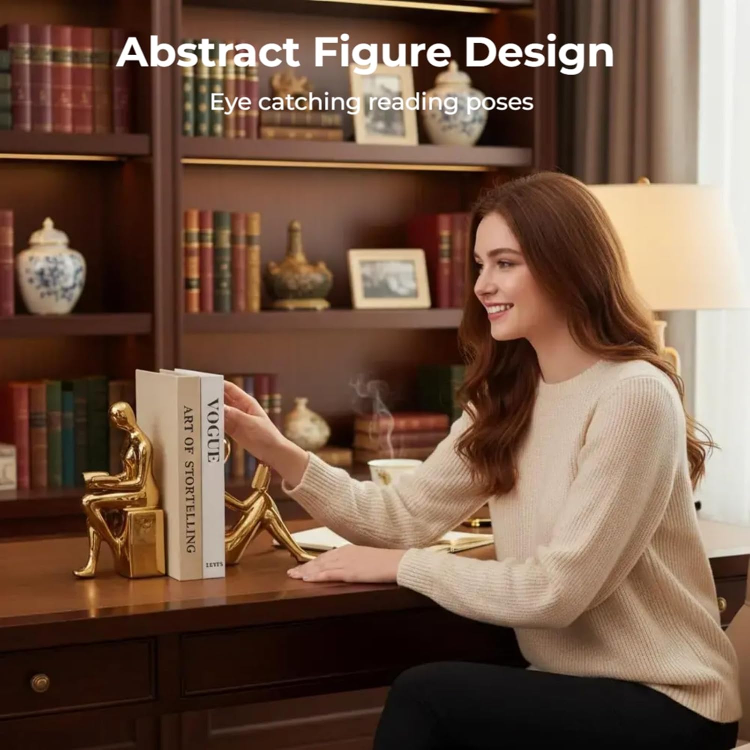Ceramic Decorative Gold Bookends Set of 2, Sturdy Stable Non-Slip for Books, Modern Abstract Sculptural Book Ends, Geometric Human Face Aesthetic Shelf Decor for Home Office Library
