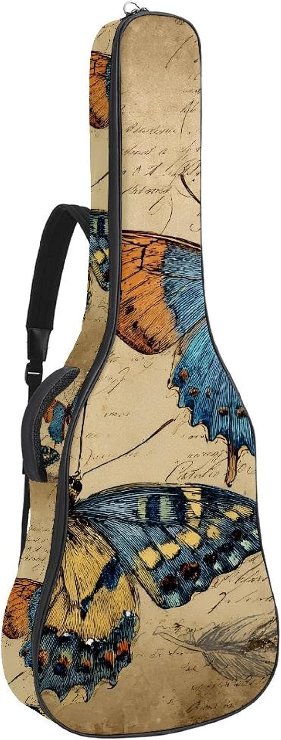 40 41 42 Inch Acoustic Guitar Bag, 0.4 In Thick Sponge Padded Guitar Case Gig Bag with Back Hanger Loop and 2 Pockets, Beautiful Butterflies on Vintage Background