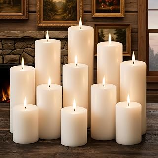 White Pillar Candles Bulk Set of 12,3 Different Lengths 3 x 3/6/8 Inch (4 Each),Hurricane Candles,Dripless Unscented Smokeless,Gives You a Better Atmosphere When Organizing an Event Party.