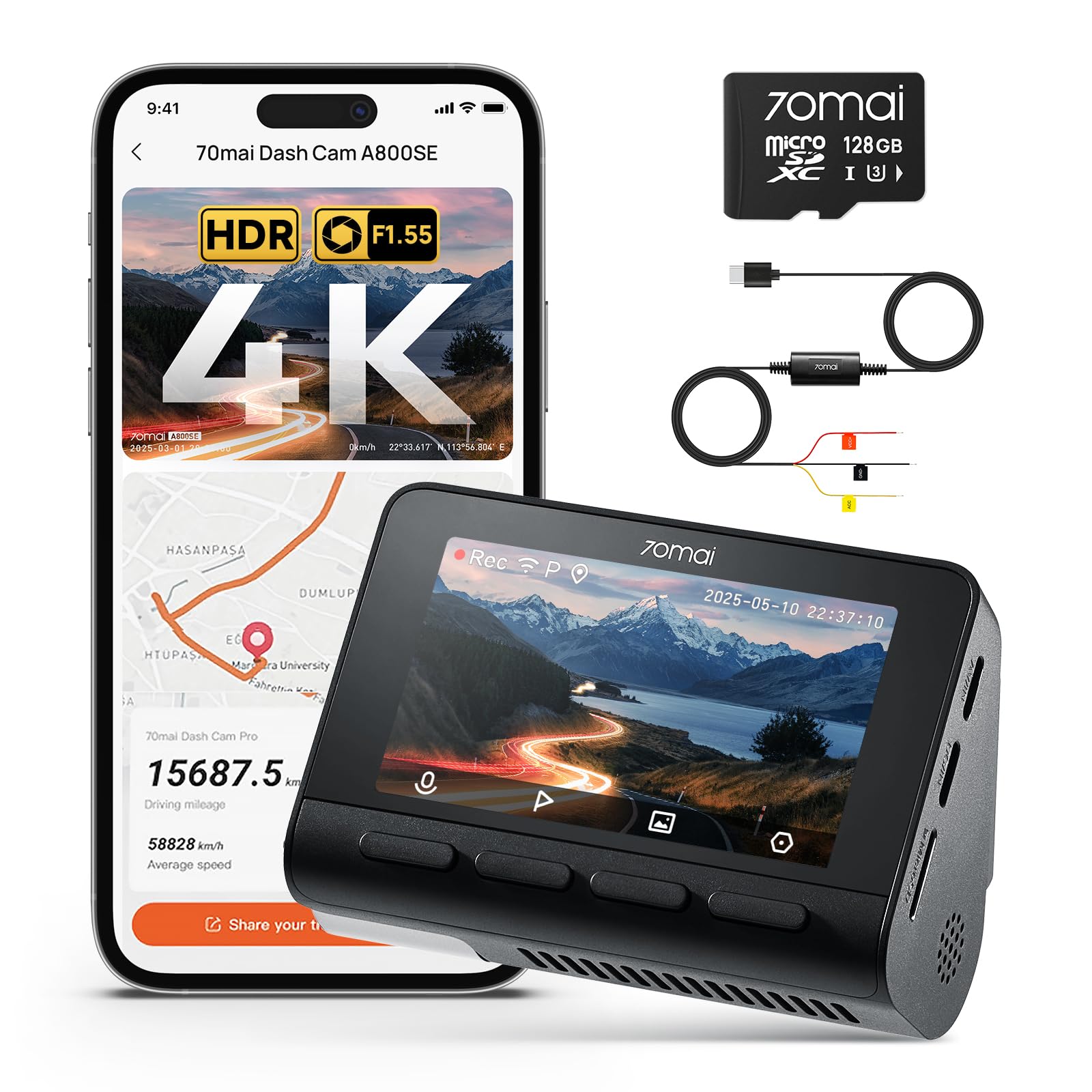 70mai A800SE Dashcam + SD 128GB + UP03