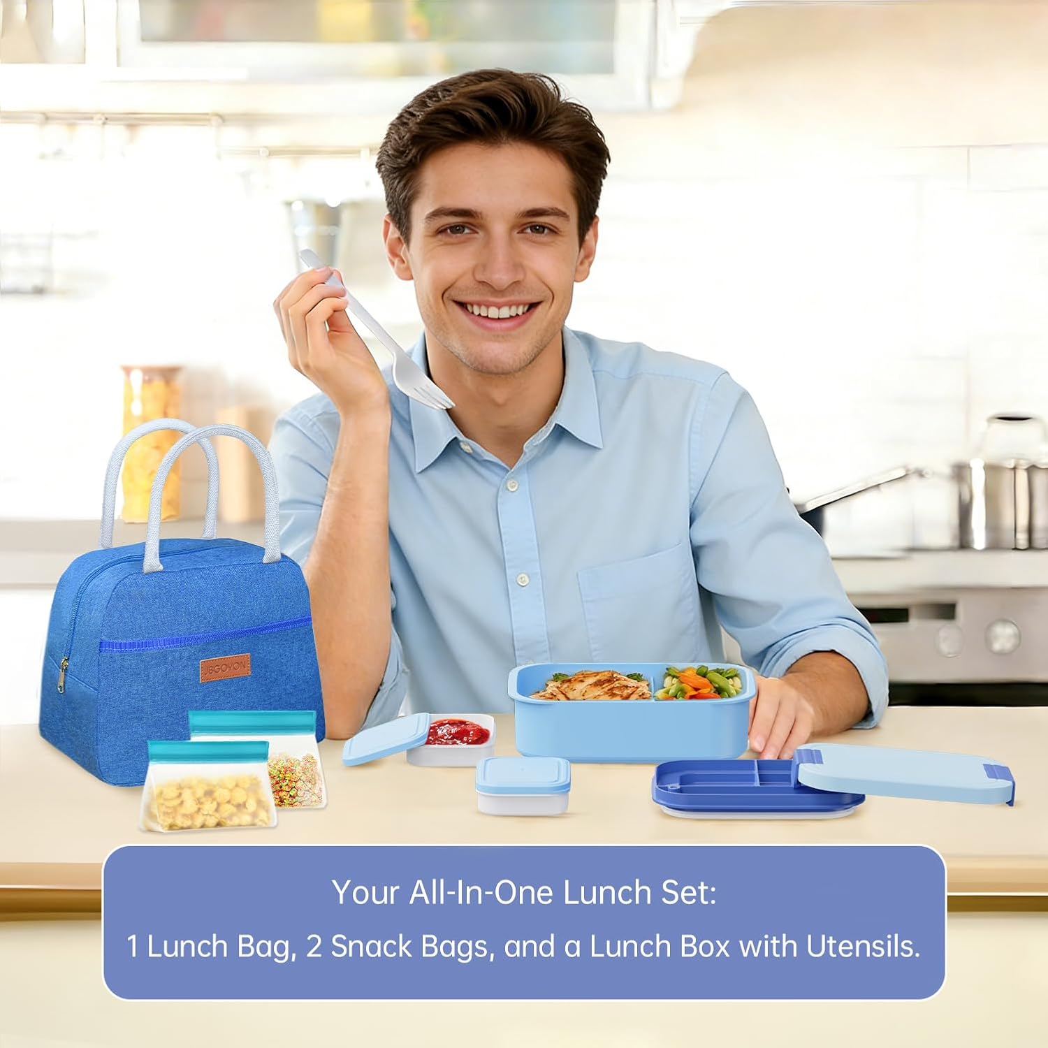 JBGOYON Bento Box and Lunch Bag Set, Leak-Proof Lunch Box for Adults and Kids with Built-in Utensils, Insulated for Work School Travel, Microwave & Dishwasher Safe, All-in-One (Blue)
