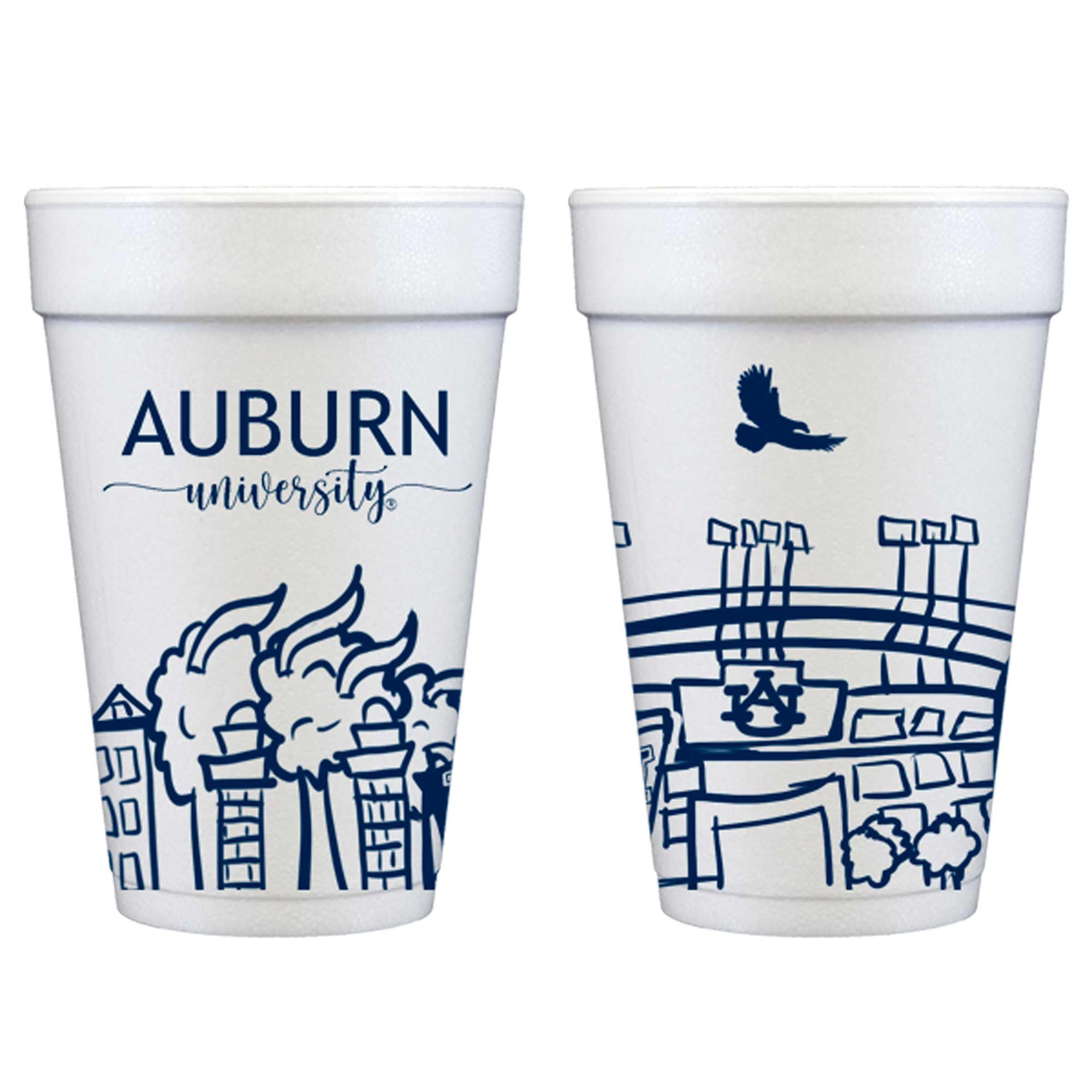 Officially Licensed Auburn University Campus Skyline Printed Foam Disposable Cups 16 oz - Insulated Coffee Cups 10 Pack - Auburn Tigers Cute Cup set