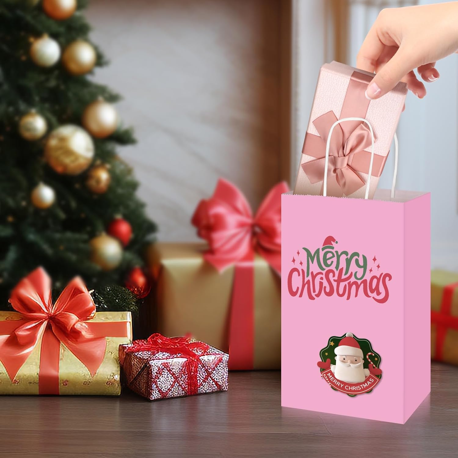 Toovip 100 Pack 5.25x3.25x8.25 Inch Small Light Pink Kraft Paper Bags with Handles Bulk, Gift Wrap Bags for Favor Grocery Retail Party Birthday Shopping Business Goody Craft Merchandise Take Out Sacks