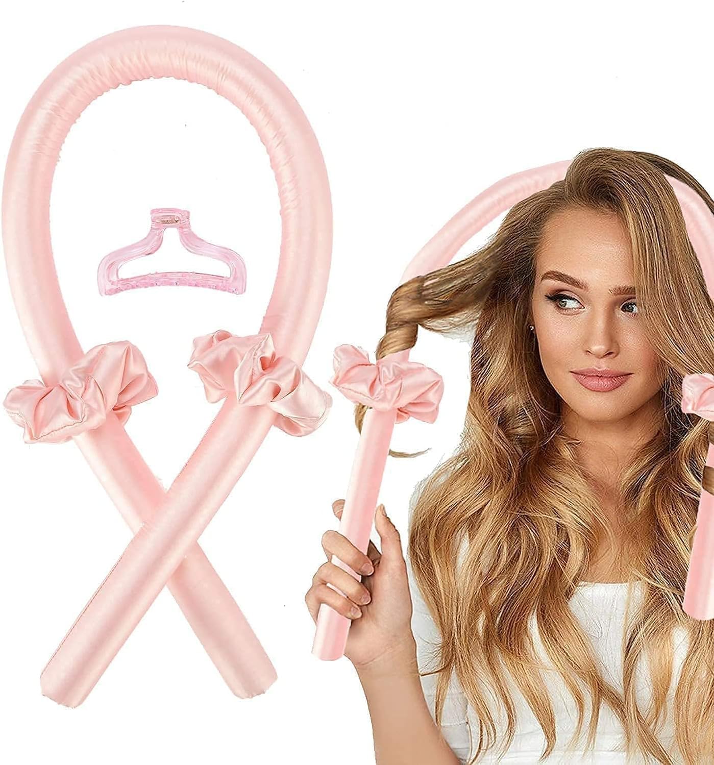 Heatless Curling Rod Headband,Lazy Hair Curler,No Heat Silk Curlers,Soft Rubber Hair Rollers,Curling Ribbon and Rods for Natural Hair,Hair Waver Hair Curling Kit for Natural Waves (Pink)
