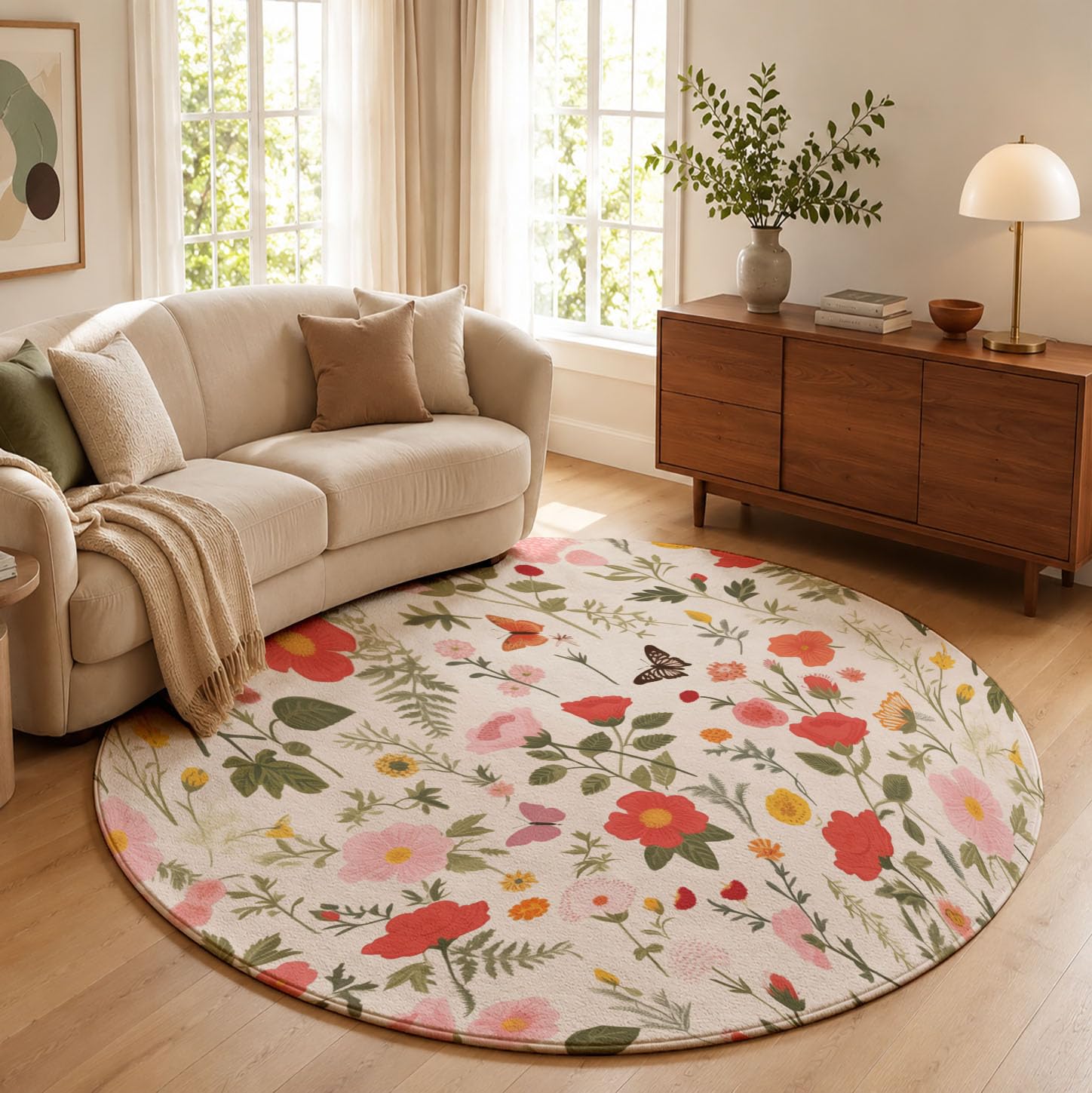 Tappeto Salotto Rotondo Grande Pelo Corto, Estetica Delle Piante Grandi Antiscivolo Tondo Moquette,Rose Selvatiche Farfalle Bambini Camera,Domestica Decor Tappeti (Ø 180 cm,Rosa)