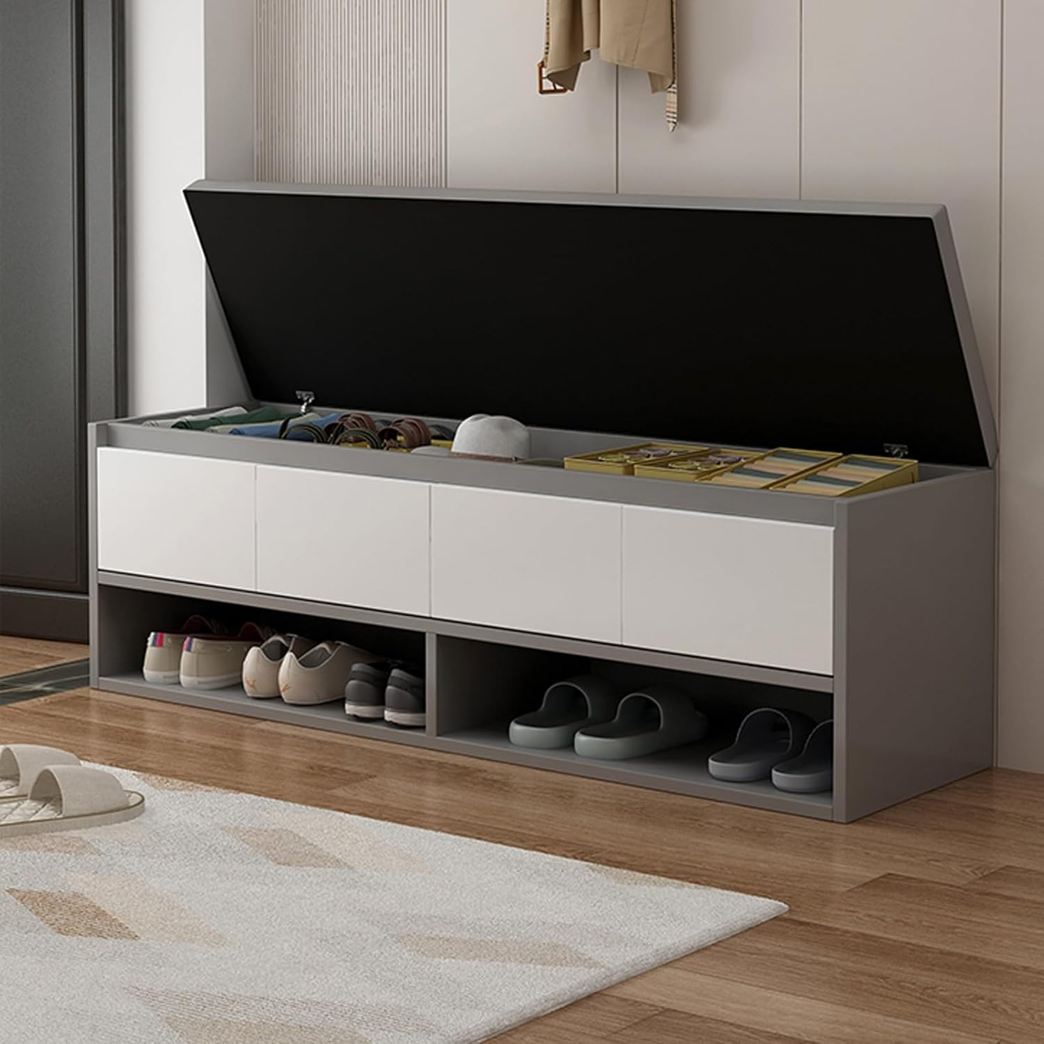 Padded Top Shoe Bench – Wooden Entryway Storage Cabinet, Multifunctional Organizer with Ample Storage Space for Shoes and Accessories