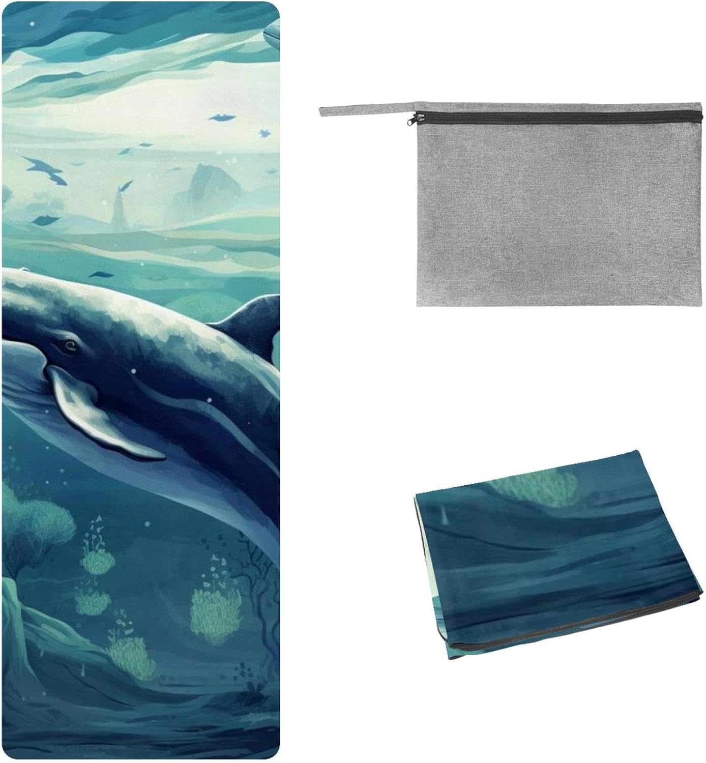 Yoga Towel, Whale Sea Pattern Non Slip Sweat Absorbent Hot Yoga Mat Towel for Hot Yoga, Pilates and Fitness - 72.8" x 26.8"