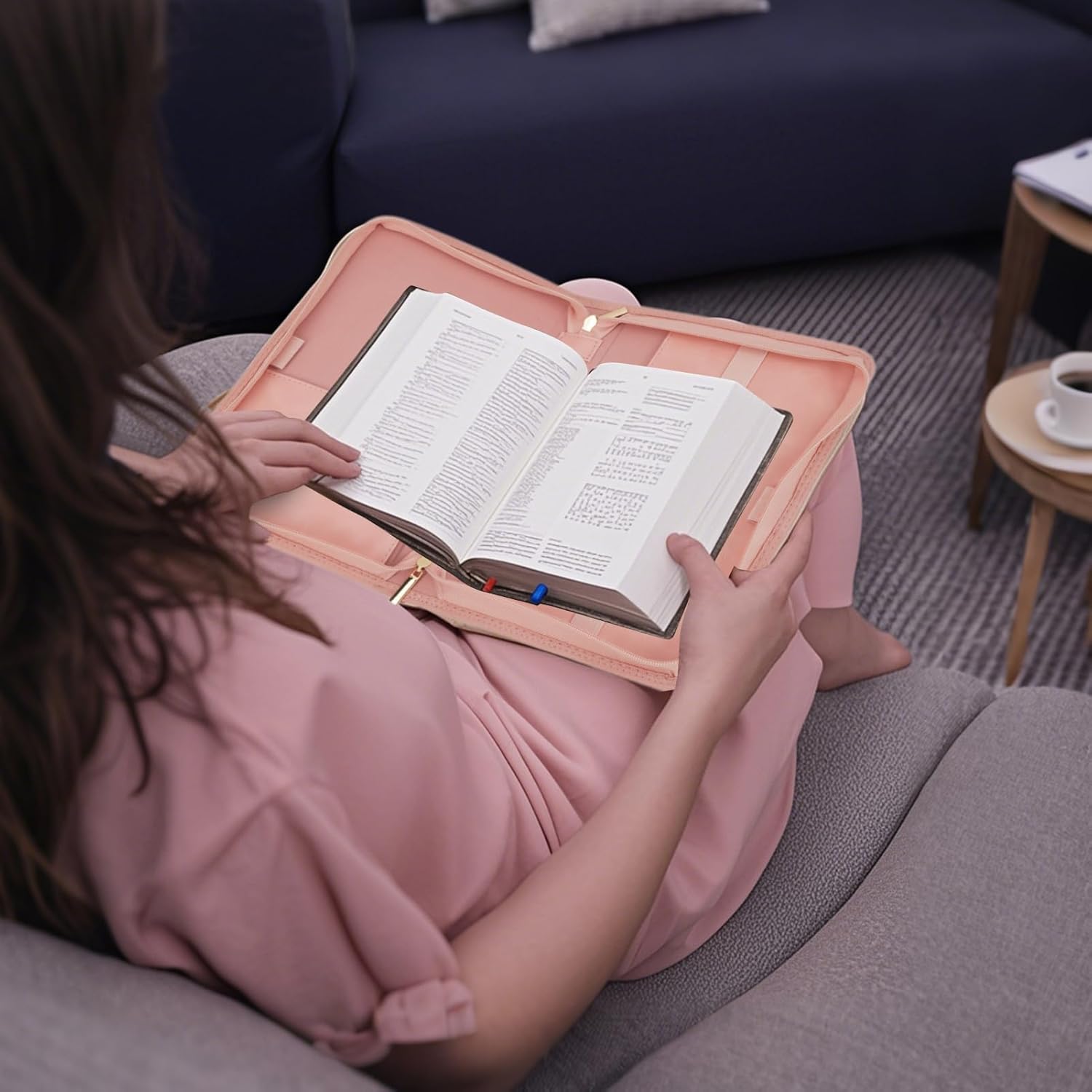 Bible Cover Case for Women, Fit 9.45x6.3x1.7 Inch Bible, Large PU Leather Bible Case for Girls, Pink Bible Cover with Reinforced Handle Strap, Zipper, Inner Pocket, for Protection, and Carrying