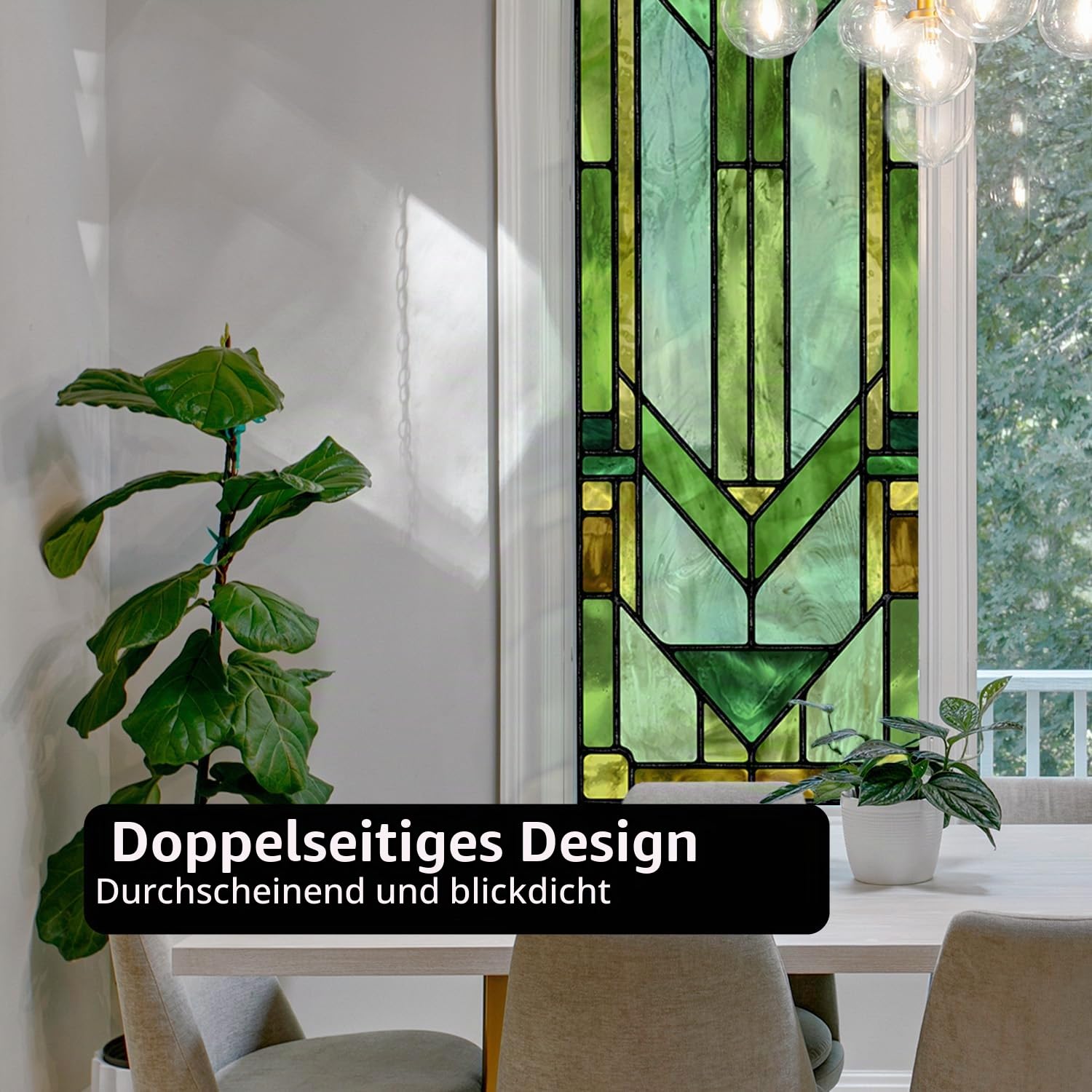 Original handgezeichnet Fensterfolie bunt Grün Geometrie 58X290CM | Imitation von Buntglas fensterfolie Beidseitig halbdurchsichtig,milchglasfolie geeignet für Wohnzimmer, Schlafzimmer, Küche