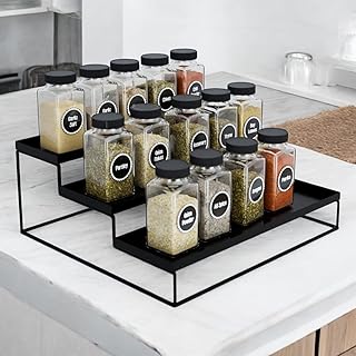 Go Hooked Kitchen 3-Tier Step Standing rack Kitchen Spice Bottle Rack Utensil Holder Food Storage Organizer for Cabinet Pantry Shelf Bathroom Rack (Black, Pack of 1, Iron, Step Shelf, Countertop)
