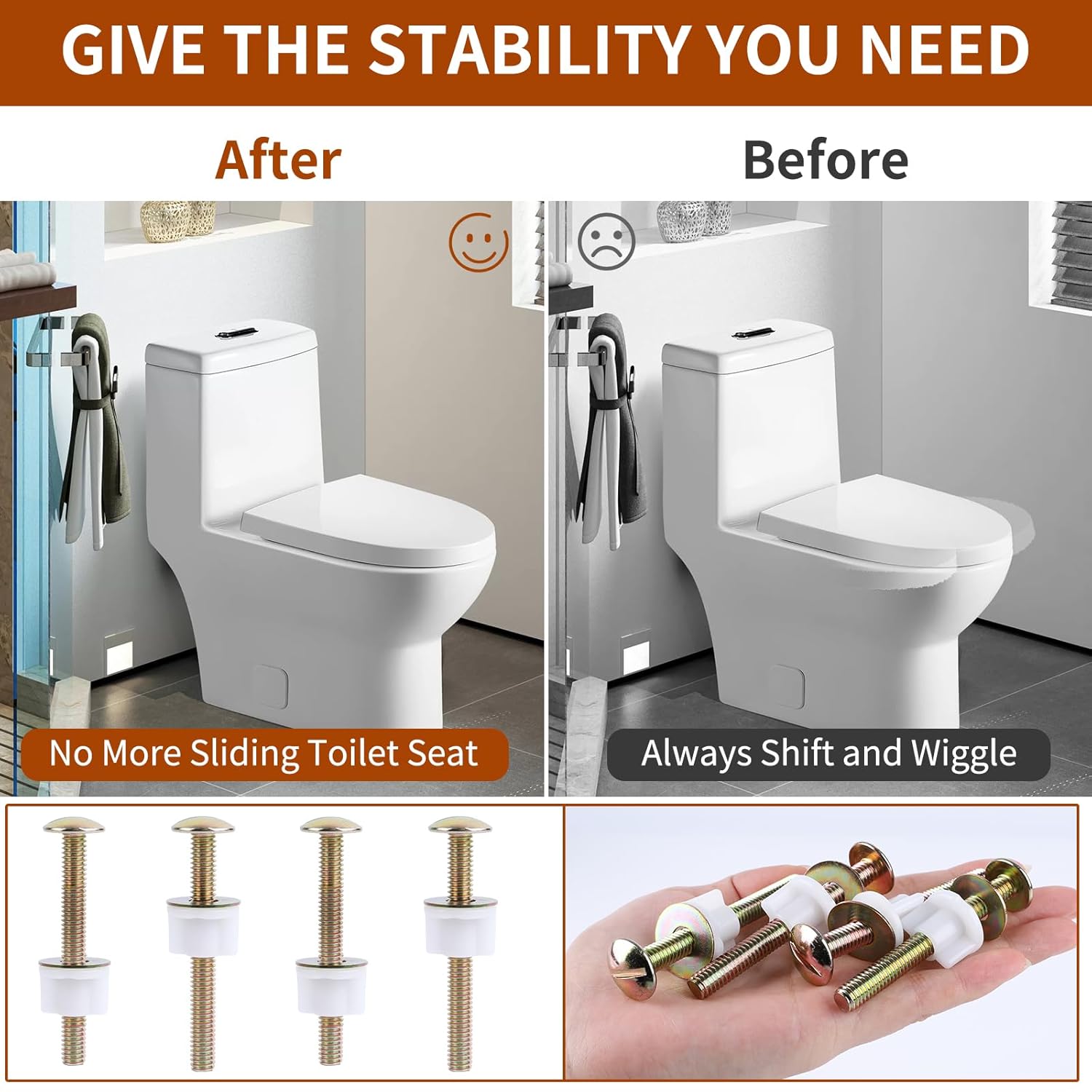 4 Pack Toilet Seat Hinge Bolt, Quick Fix Toilet Screws Replacement with Nuts Washers, No More Wiggle Steel Toilet Screws Fastener for Top Toilet Seat Kohler TOTO, Syocsek