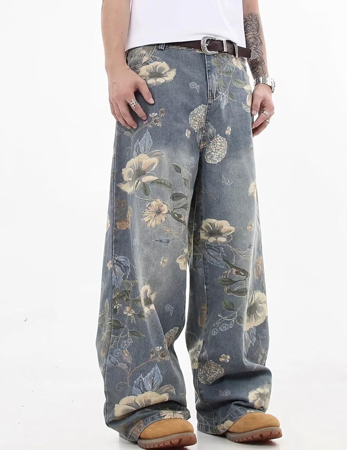 FantasyGears Y2k Baggy Jeans Men Flower Print Graphic Jeans Harajuku Wide Leg Boyfriend Denim Pants Streetwear - Image 2