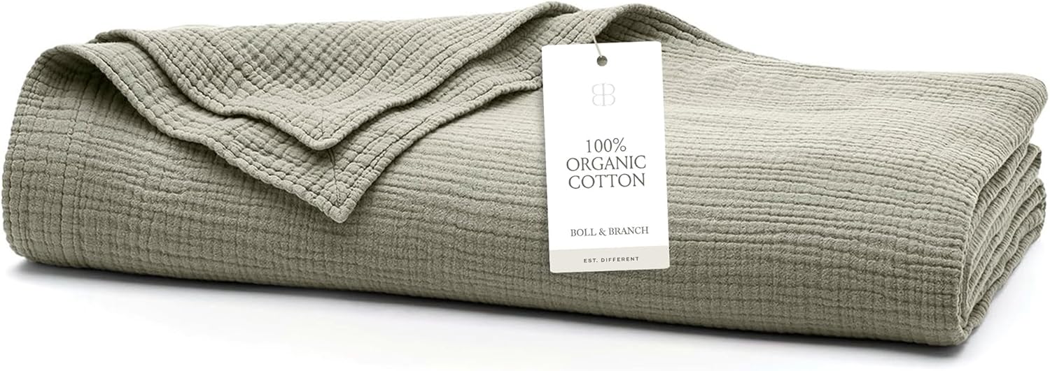 BOLL & BRANCH Dream Bed Blanket - King/Cal King, Sageleaf - Luxury 100% Organic Cotton - Soft, Lightweight and Breathable - Cloud-Like Touch