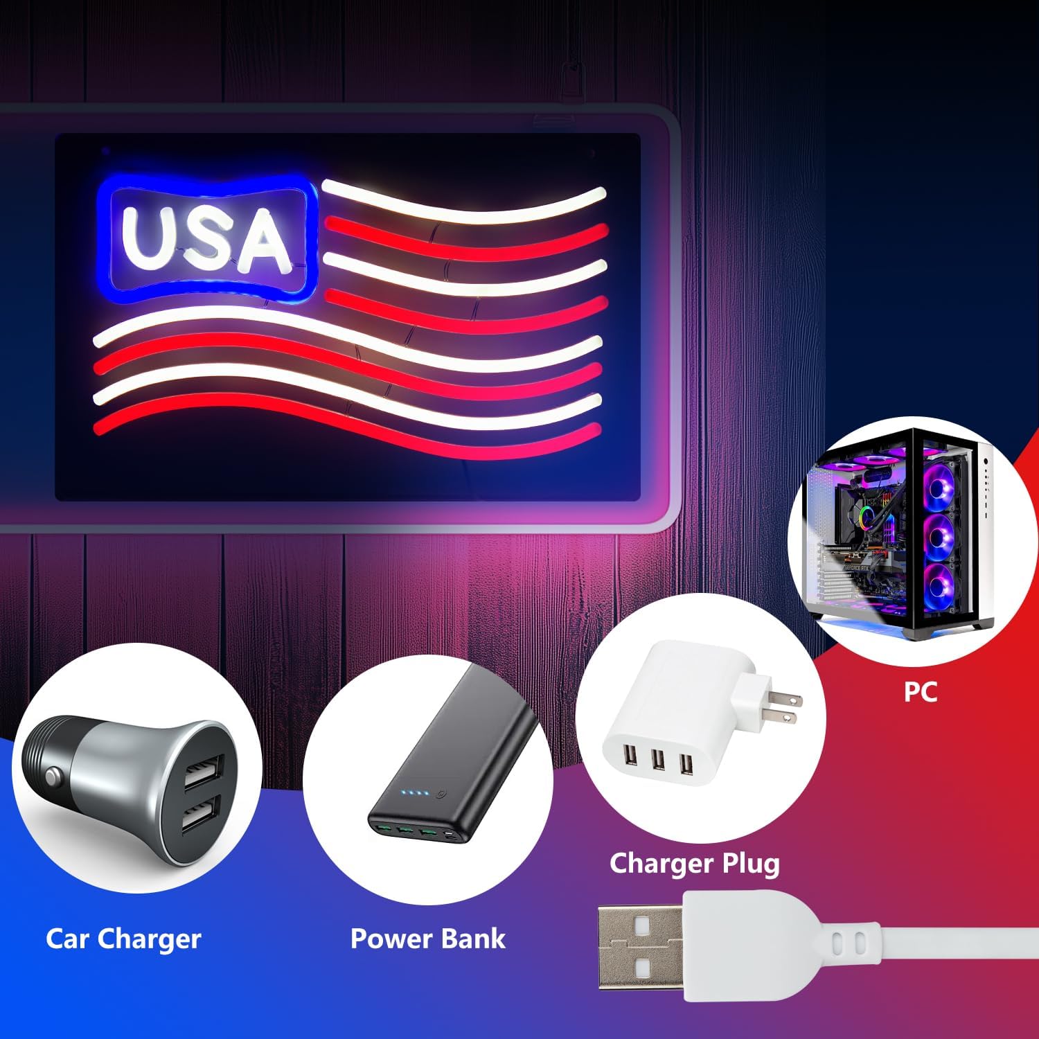 LED Neon American Flag with Chain & Hooks, 5V USB Powered, 5-Level Brightness Adjustable - Patriotic Wall Art, Home Decor, Gift Idea (16x10 inch)