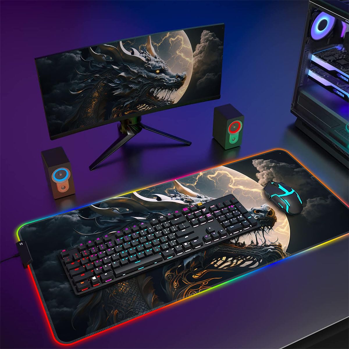 Tappetino per mouse Drago RGB, grande, XXL, 14 modalità luminose, LED, tappetino per mouse avanzato, per computer, laptop, PC, scrivania, gaming, 15,7 x 35,4 pollici