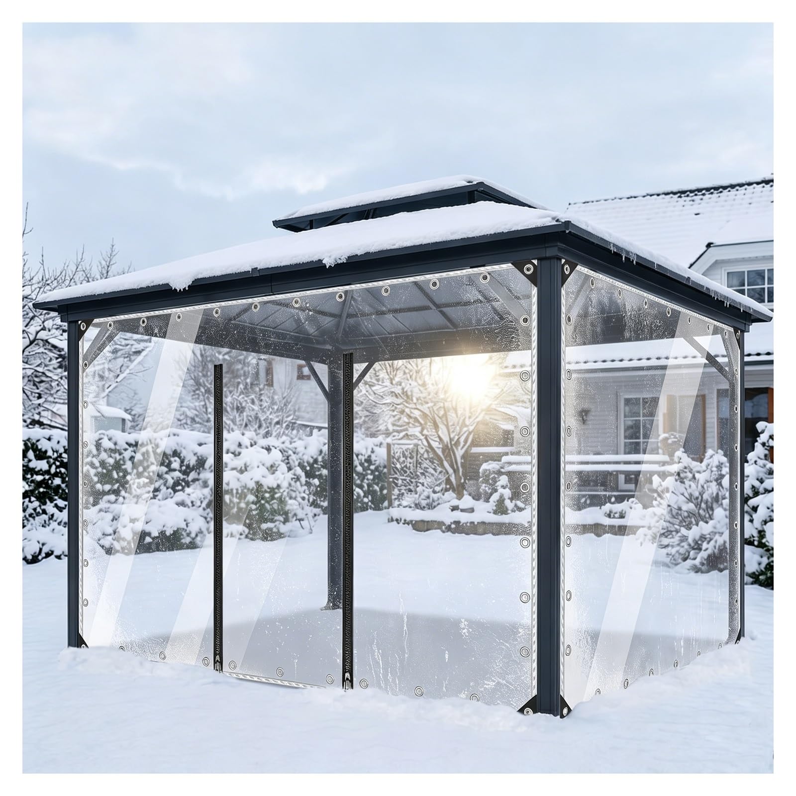 Clear waterproof tarp with zip door，clear tarps heavy duty waterproof，vinyl patio enclosure，clear tarps with grommets，for Porch,Deck, Balcony,Pergola，0.5mm Thick(H2.2xW5m/H7.2xW16.4ft)