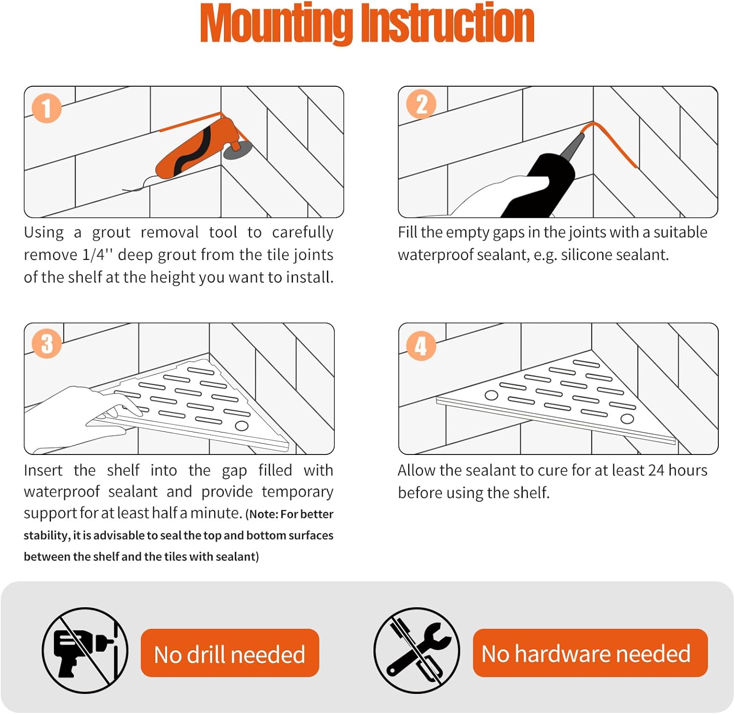 Shower Corner Shelf with Razor Hole, Modern Sturdy Shower Caddy, 10" Rustproof Stainless Steel Shower Organizers Bathroom Shelf for Tile Wall, No Drilling Grout in Shelf for Shower Storage Rack