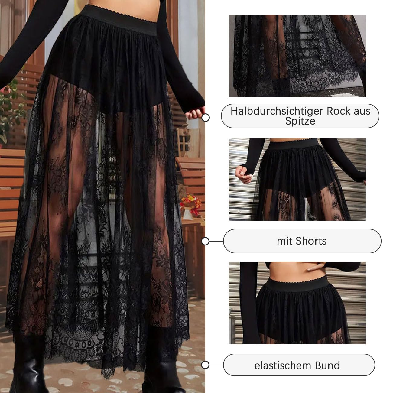 Falda Larga Semitransparente Encaje Mujer, Sexy 2 en 1, Malla Transparente, Cintura elástica línea A, Maxifalda Tul Debajo Pantalones Cortos, Ropa Festivales Salir, Negra, Tallas S