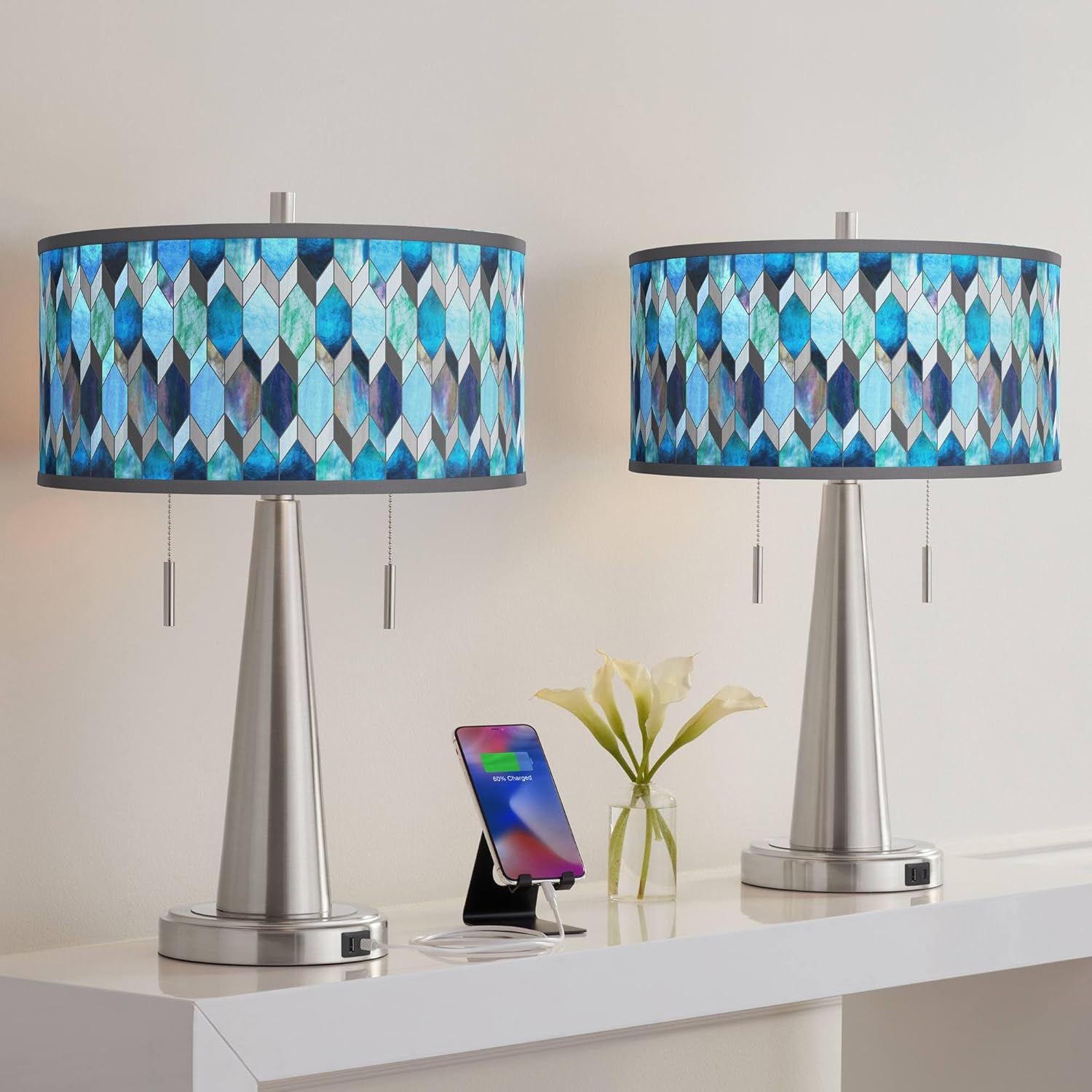 Vicki 23" High Small Modern Coastal Accent Table Lamps Set of 2 USB Port Pull Chain Silver Brushed Nickel Finish Metal Blue Mosaic Shade Living Room Charging Bedroom Bedside Nightstand