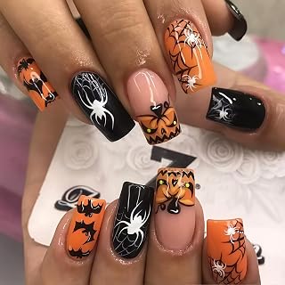 24 Pcs Halloween Press on Nails Medium Square False Nails Spider Web Bat Holiday Glue on Nail Pumpkin Stick on Nails Full Cover Acrylic Nail Reusable for Women Halloween DIY Manicure Decoration