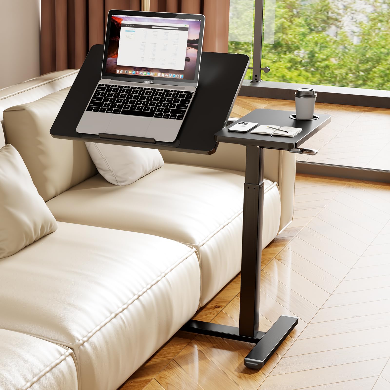 Foldable Overbed Table with Wheels, Pneumatic Height Adjustable Overbed Bedside Table, Tilting Desktop Mobile Standing Desk, Rolling Laptop Desk for Bed, Sofa, or Hospital Use (Black)