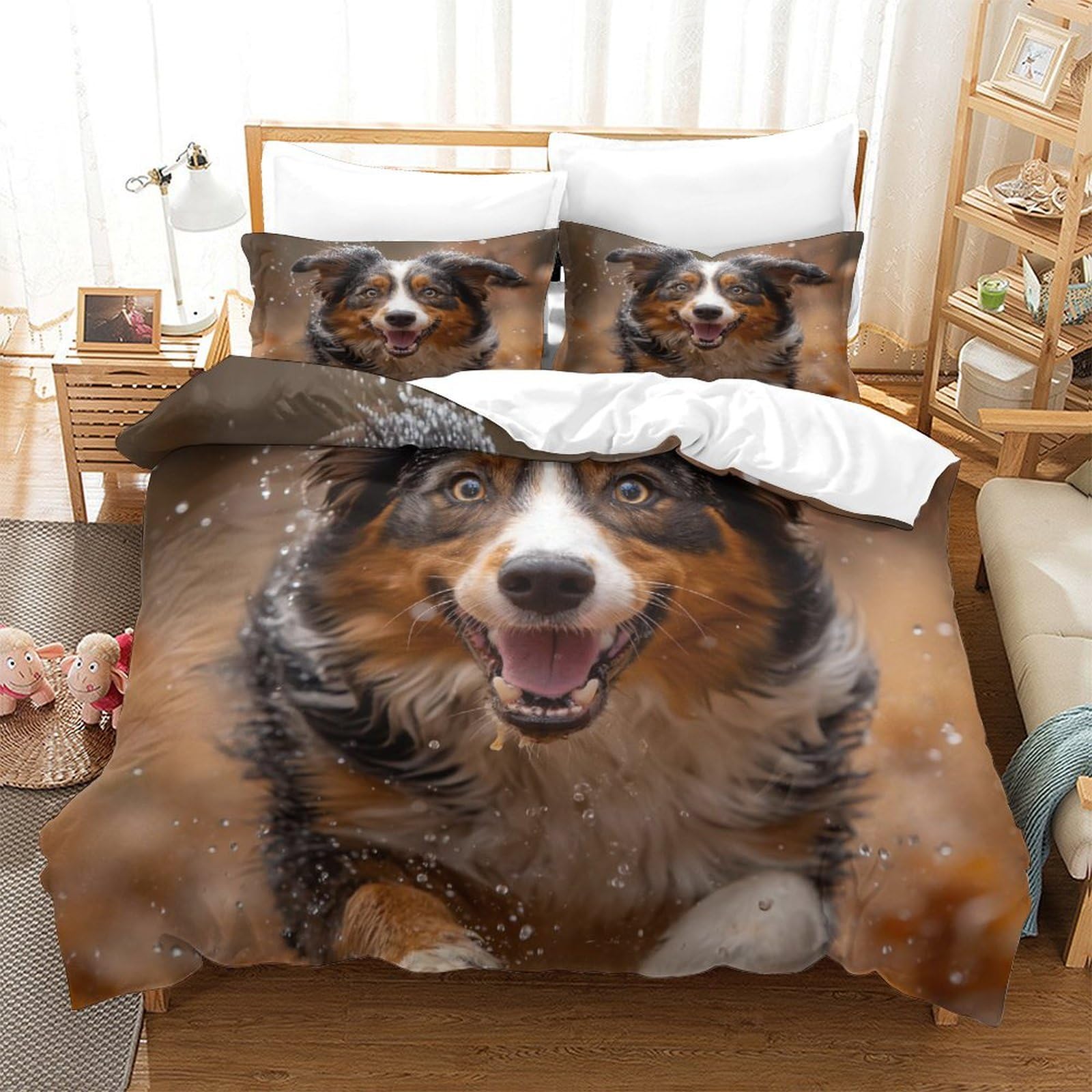 P1S9U7W5Y 3D Printed Adorable Sheepdog Pattern 3 Piece Duvet Cover Set Microfiber Bedroom Decor Pet Dog Bedding Set for Adults Teens Home Dorm Super king（260x220cm）