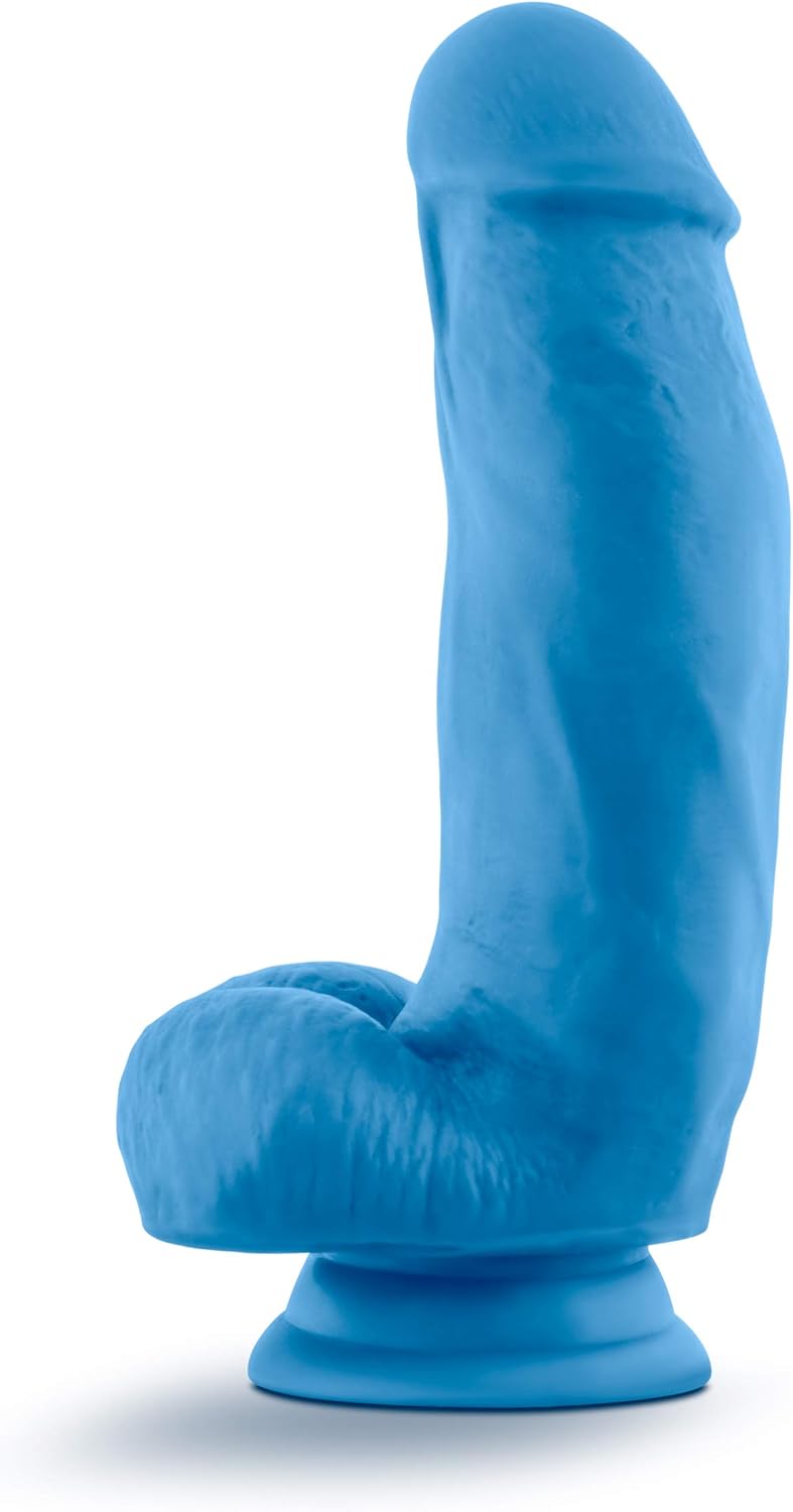 Blush Neo Elite Neon Blue 7" Silicone Dildo w/Balls, Dual Density Realistic Satin Smooth Thick Cock, Suction Cup, Harness Compatible, Body-Safe Vaginal & Pegging Adult Sex Toy for Women, Men, Couples
