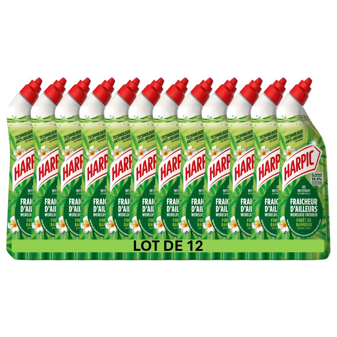 Harpic - Lot de 12 Gels WC - Nettoyant Fraicheur d'Ailleurs Parfum Foret de Bambous avec technologie anti-odeurs - 750 ml