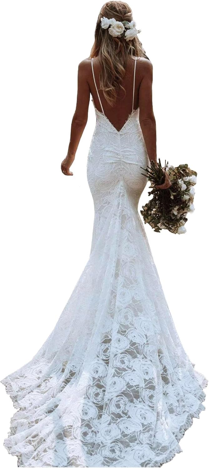 Women's Lace Wedding Dresses for Bride Mermaid Long Sleeve A-line Off Shoulder Boho Beach Bridal Gown