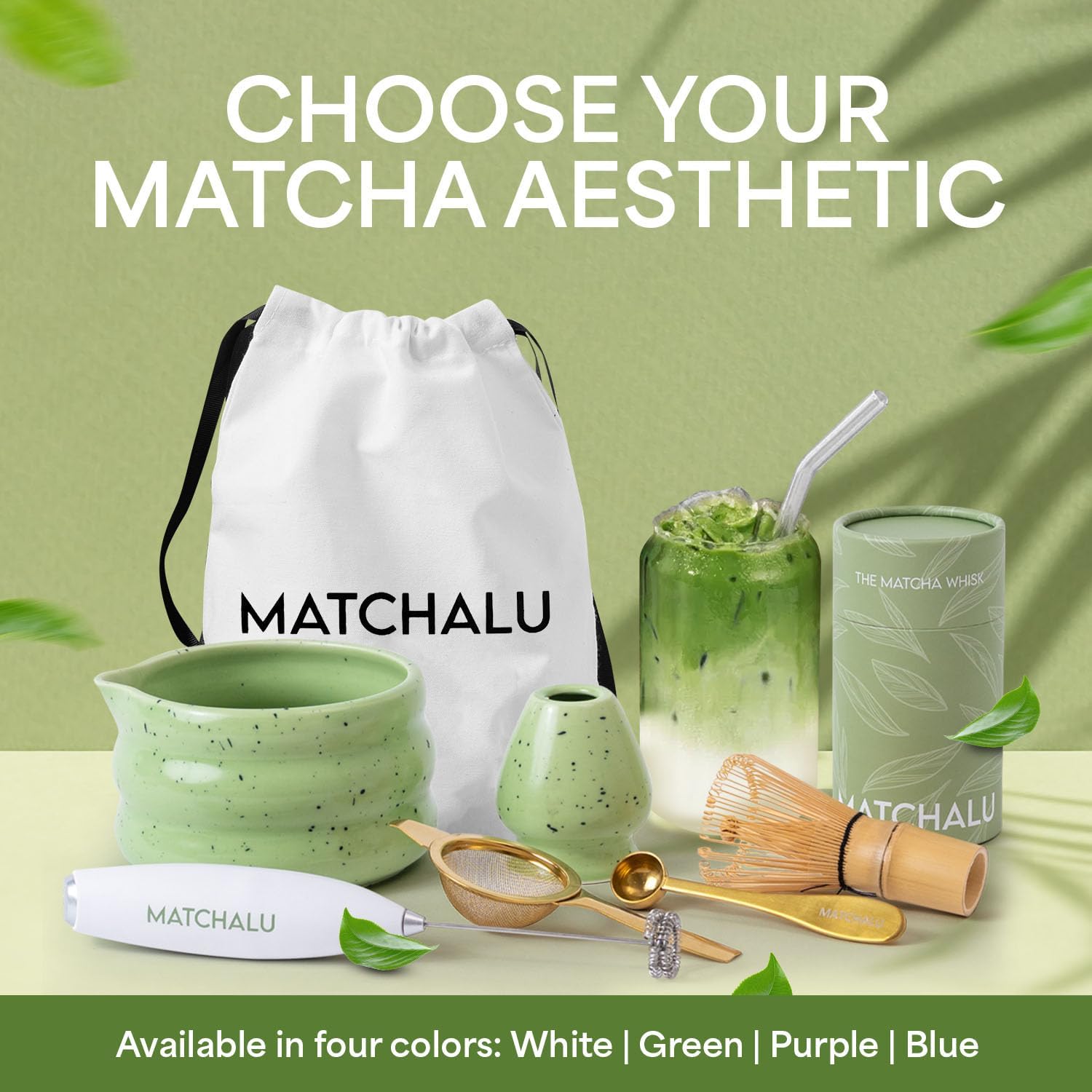 Matcha Whisk Set With Ceramic Matcha Bowl, Bamboo Whisk & Holder, Stainless Steel Spoon & Sifter, Glass Cup & Straw, Electric Frother, Storage Bag - Gift for Matcha Lovers (Premium 9-Piece Set Green)