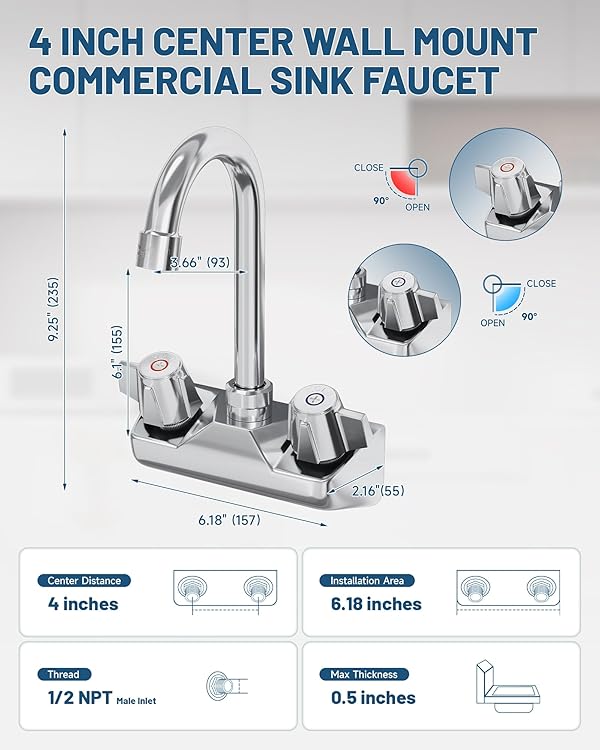 BWE Commercial Kitchen Faucet Wall Mount 2 Handle Kitchen Sink Faucet 4 Inch Center Sink Faucet with Swivel Gooseneck Spout for Utility Laundry Restaurant Mixer Tap Chrome by BWE - Image 3