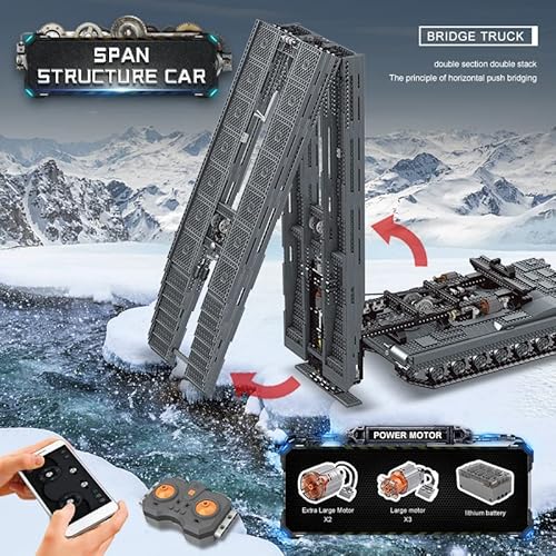 Mould King 20002 Moc Technology Tank Bridge Construction Vehicle Building Blocks Model,Type Bridge Layer Remote Control Transporter Tank,Technology Clamping Modules Kit With Engines,2388 Pieces #TOP1