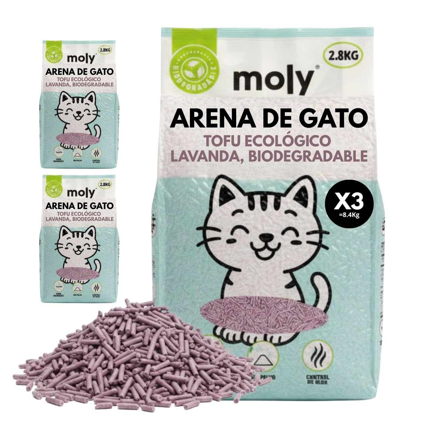 MOLY 3 x Tofu und Lavendel-Katzenstreu, 8,4 kg, 11,1 l, biologisch abbaubar und stark absorbierend, mit Lavendel- und Talkum-Duft, vollständige Geruchskontrolle, staubfrei, hygienisches Mineraldeck