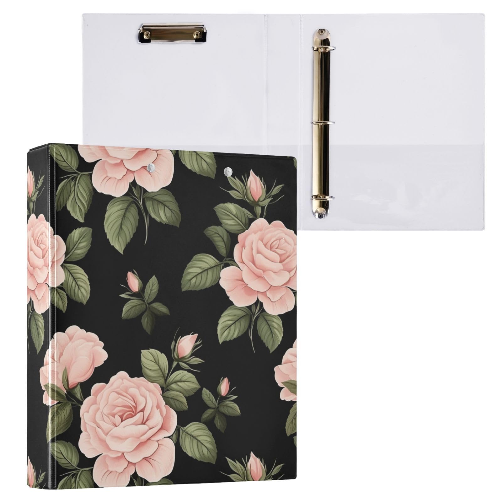 Raccoglitore a 3 anelli con stampa floreale rosa e rosa, 3,8 cm, contiene 200 fogli con 3 tasche interne in PVC trasparente, per scuola e ufficio