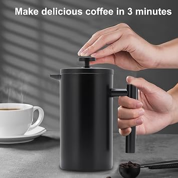 350ml French Press Coffee Maker, 304 Stainless Steel Double Wall Insulated Coffee Maker Pot, Triple Filtration System for Optimal Brew, Ideal for Home, Office, Camping (Black, 12 oz)